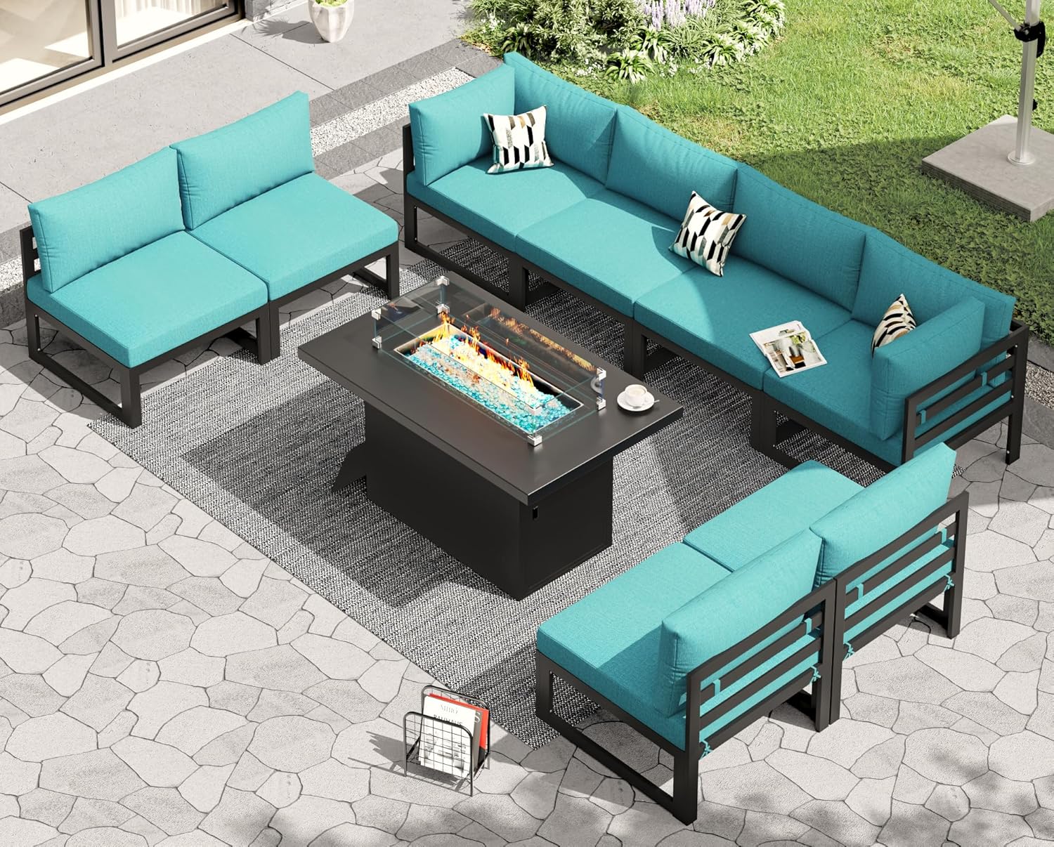 RADIATA 7 Piece Luxury Aluminum Outdoor Sectional Sofa with Fire Pit Table, Oversized L Shaped Patio Furniture Set, 29 inch Deep Wide Seating, 500 lbs Heavy Duty Comfy Conversation Set for Yard, White