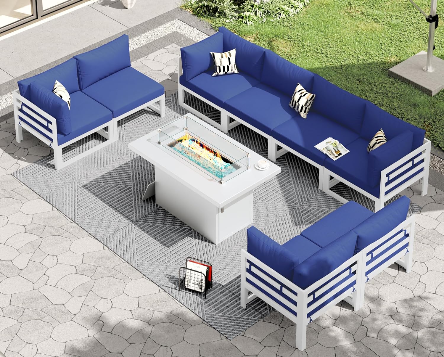 RADIATA 7 Piece Luxury Aluminum Outdoor Sectional Sofa with Fire Pit Table, Oversized L Shaped Patio Furniture Set, 29 inch Deep Wide Seating, 500 lbs Heavy Duty Comfy Conversation Set for Yard, White