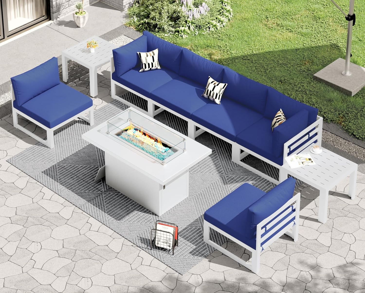 RADIATA 7 Piece Luxury Aluminum Outdoor Sectional Sofa with Fire Pit Table, Oversized L Shaped Patio Furniture Set, 29 inch Deep Wide Seating, 500 lbs Heavy Duty Comfy Conversation Set for Yard, White