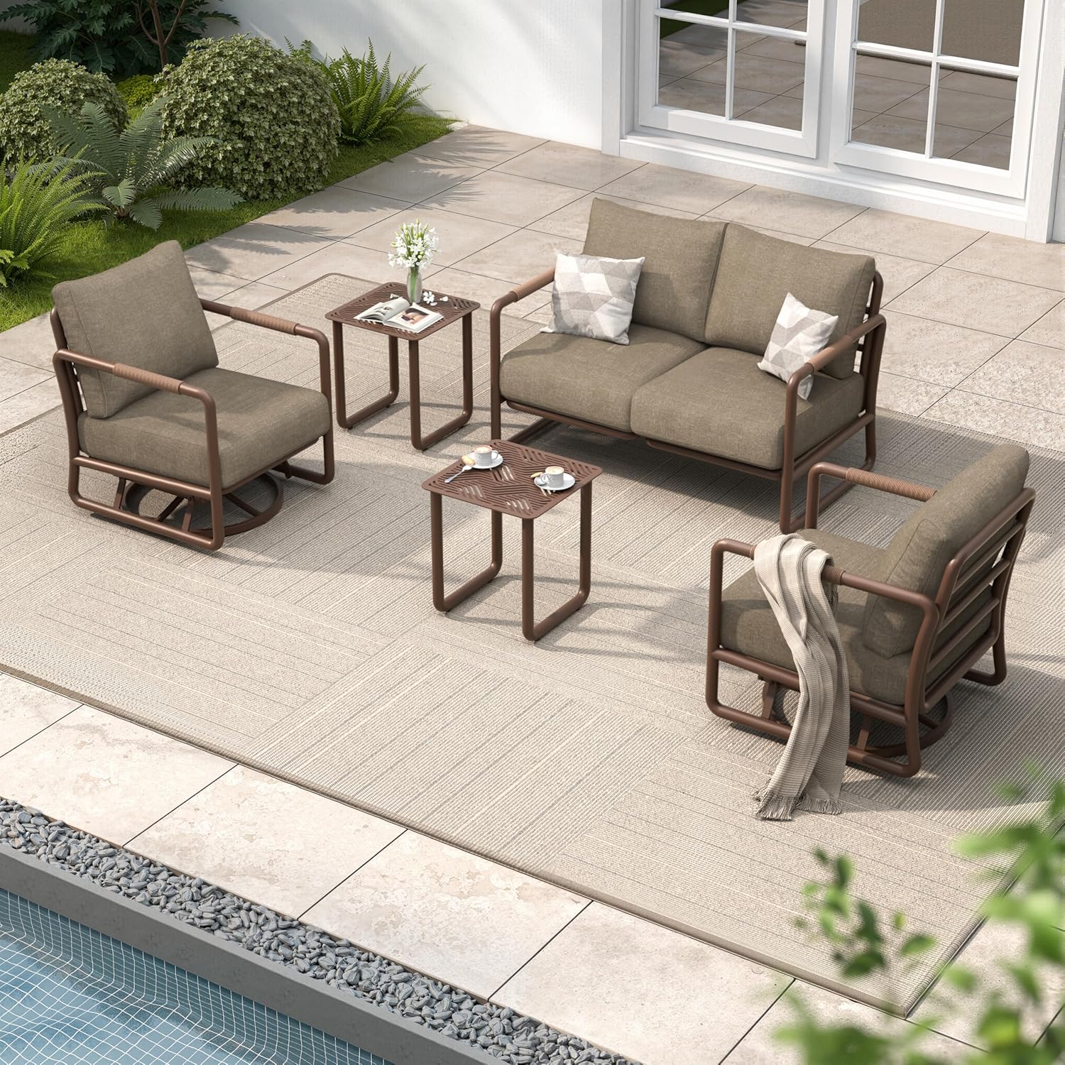 Aluminum Outdoor Patio Furniture Set, 6-Piece Conversation Sofa Set with Coffee Table, Thick Cushions & All-Weather Aluminum Frame, Modern Garden Seating for Backyard, Poolside, or Porch – Brown