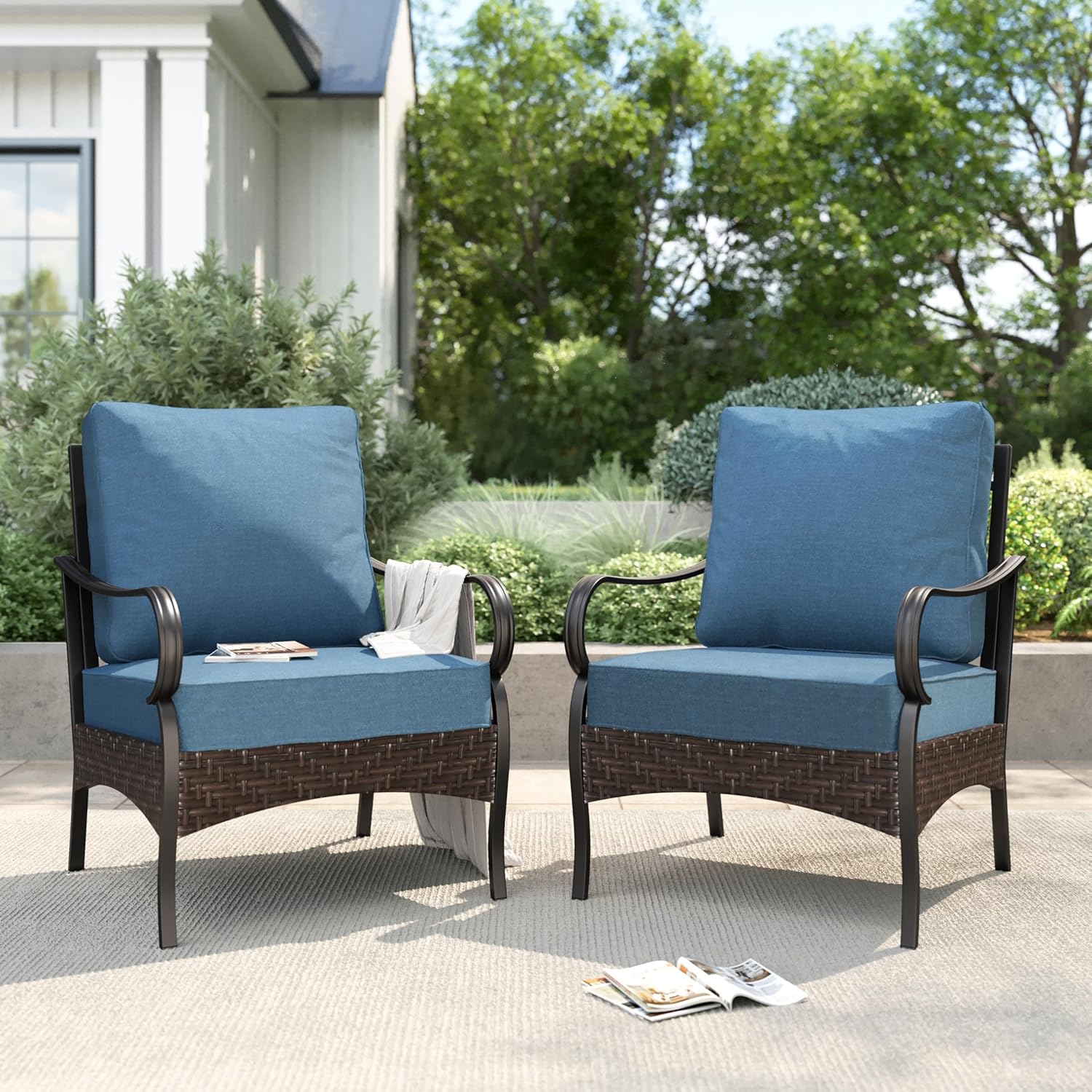 PHI VILLA Patio Rocking Chairs Set of 2, Outdoor Wicker Chairs with Thick Cushion, All Weather High Back Outdoor Furniture for Balcony Porch and Yard