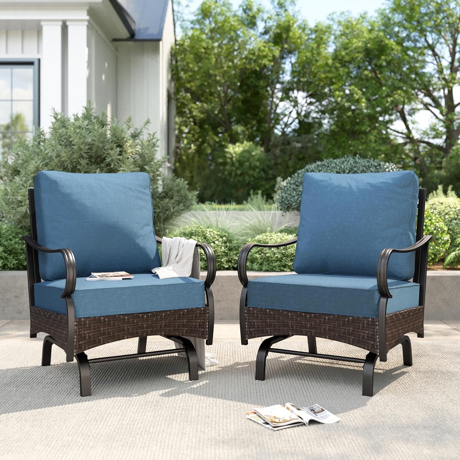 PHI VILLA Patio Rocking Chairs Set of 2, Outdoor Wicker Chairs with Thick Cushion, All Weather High Back Outdoor Furniture for Balcony Porch and Yard