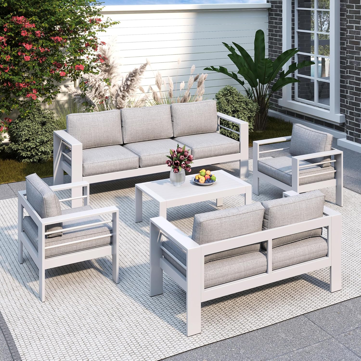 Solaste Aluminum Patio Furniture Set, 5 Seats Modern Outdoor Conversation Set Sectional Sofa with Upgrade Cushion and Coffee Table,Black Frame and Blue Cushion