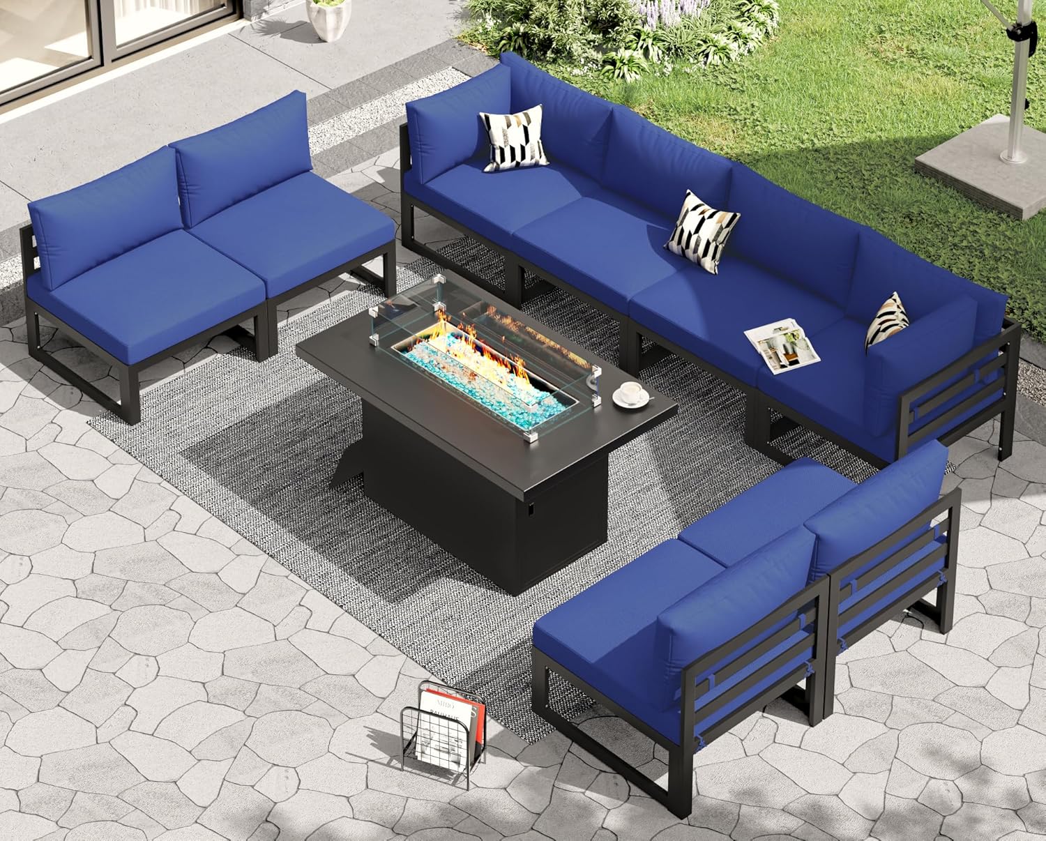 RADIATA 7 Piece Luxury Aluminum Outdoor Sectional Sofa with Fire Pit Table, Oversized L Shaped Patio Furniture Set, 29 inch Deep Wide Seating, 500 lbs Heavy Duty Comfy Conversation Set for Yard, White