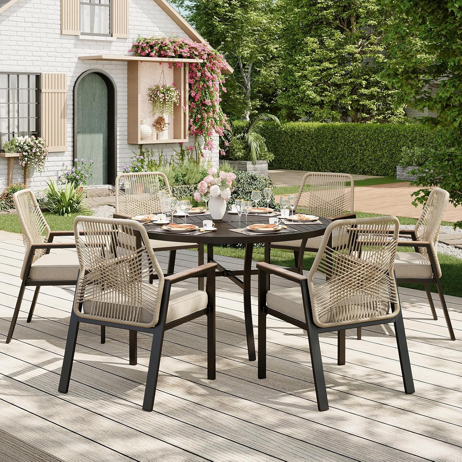 Patio Wicker Chair Sets of 2, Outdoor Dining Chairs with 3.1 inch Seat Cushions, Sturdy Metal Frame & Wood Grain Armrest, Patio Dining Chairs for Porch Backyard, Beige