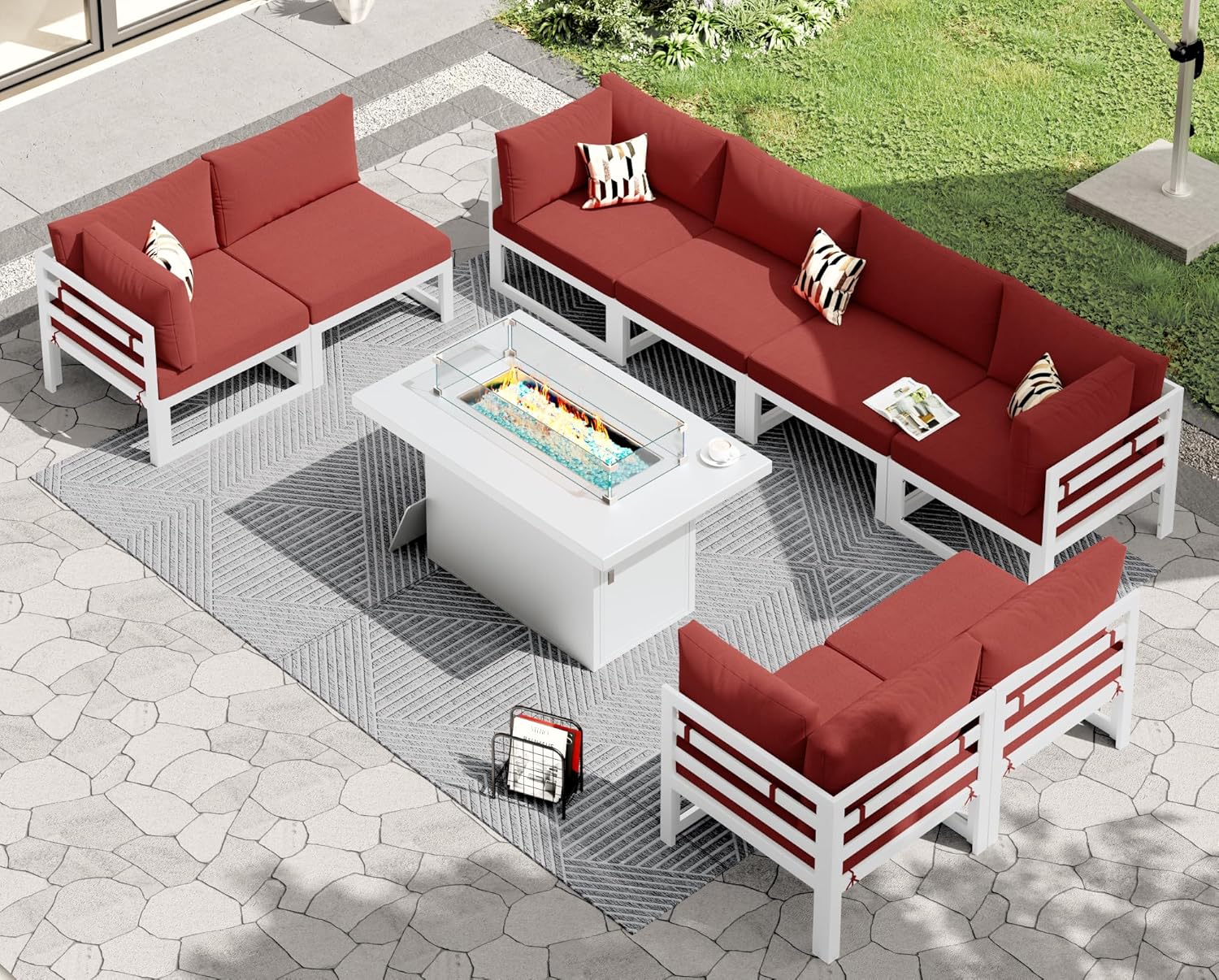 RADIATA 7 Piece Luxury Aluminum Outdoor Sectional Sofa with Fire Pit Table, Oversized L Shaped Patio Furniture Set, 29 inch Deep Wide Seating, 500 lbs Heavy Duty Comfy Conversation Set for Yard, White