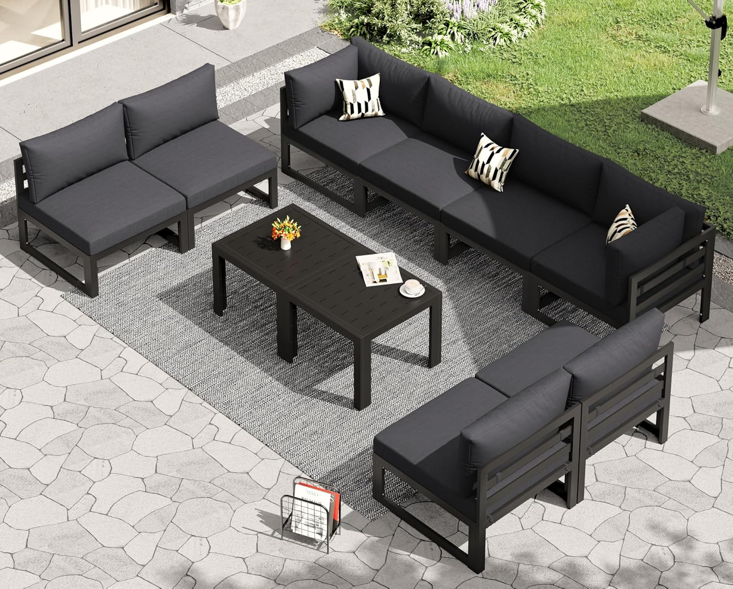 RADIATA 7 Piece Luxury Aluminum Outdoor Sectional Sofa with Fire Pit Table, Oversized L Shaped Patio Furniture Set, 29 inch Deep Wide Seating, 500 lbs Heavy Duty Comfy Conversation Set for Yard, White