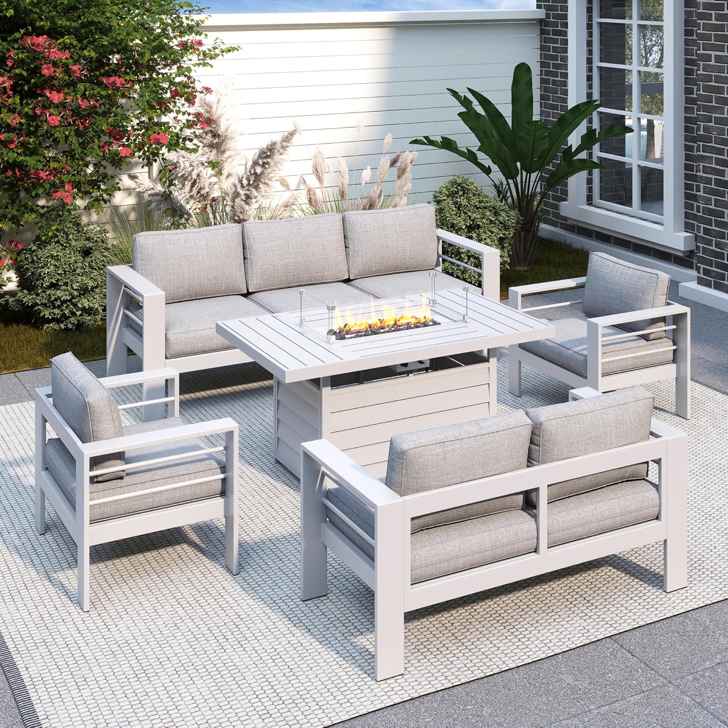 Solaste Aluminum Patio Furniture Set, 5 Seats Modern Outdoor Conversation Set Sectional Sofa with Upgrade Cushion and Coffee Table,Black Frame and Blue Cushion