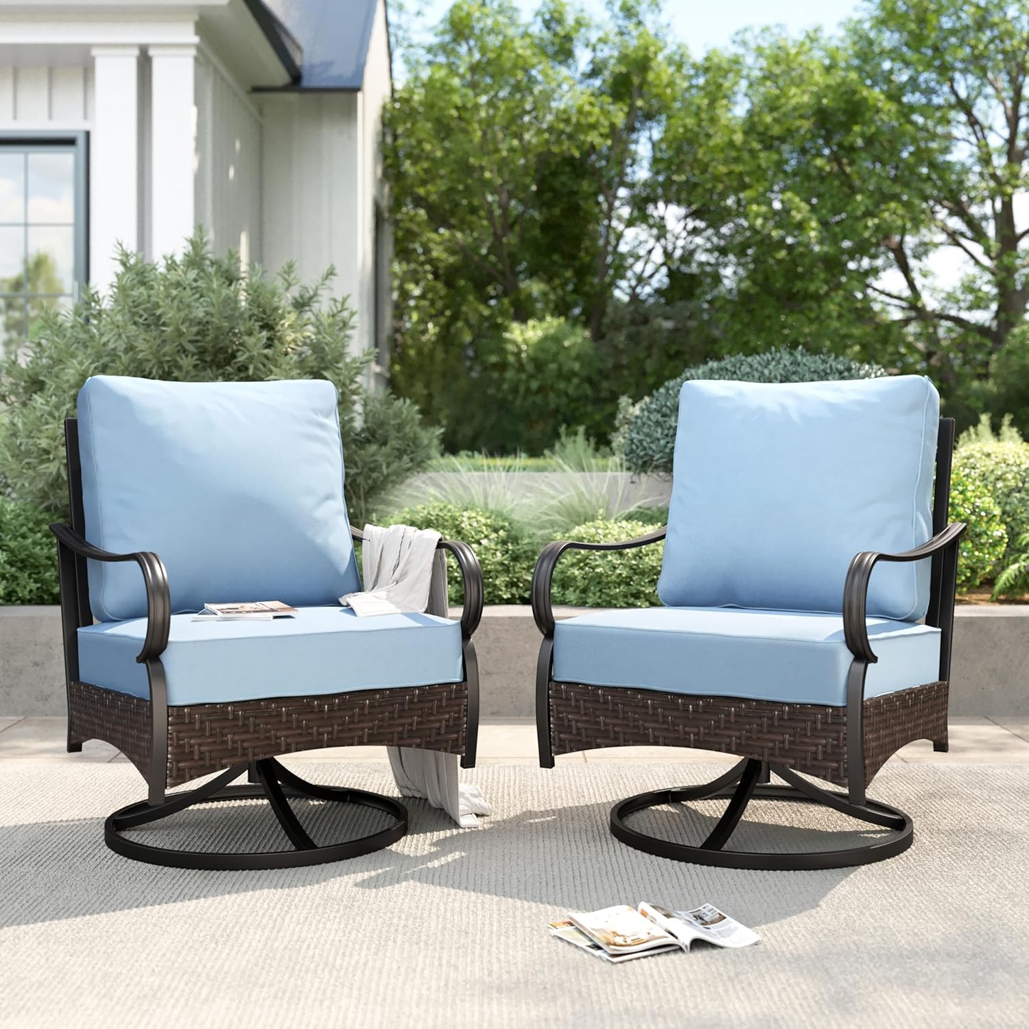 PHI VILLA Patio Rocking Chairs Set of 2, Outdoor Wicker Chairs with Thick Cushion, All Weather High Back Outdoor Furniture for Balcony Porch and Yard