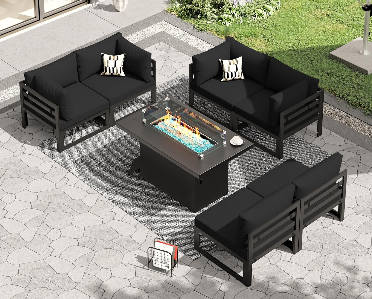 RADIATA 7 Piece Luxury Aluminum Outdoor Sectional Sofa with Fire Pit Table, Oversized L Shaped Patio Furniture Set, 29 inch Deep Wide Seating, 500 lbs Heavy Duty Comfy Conversation Set for Yard, White