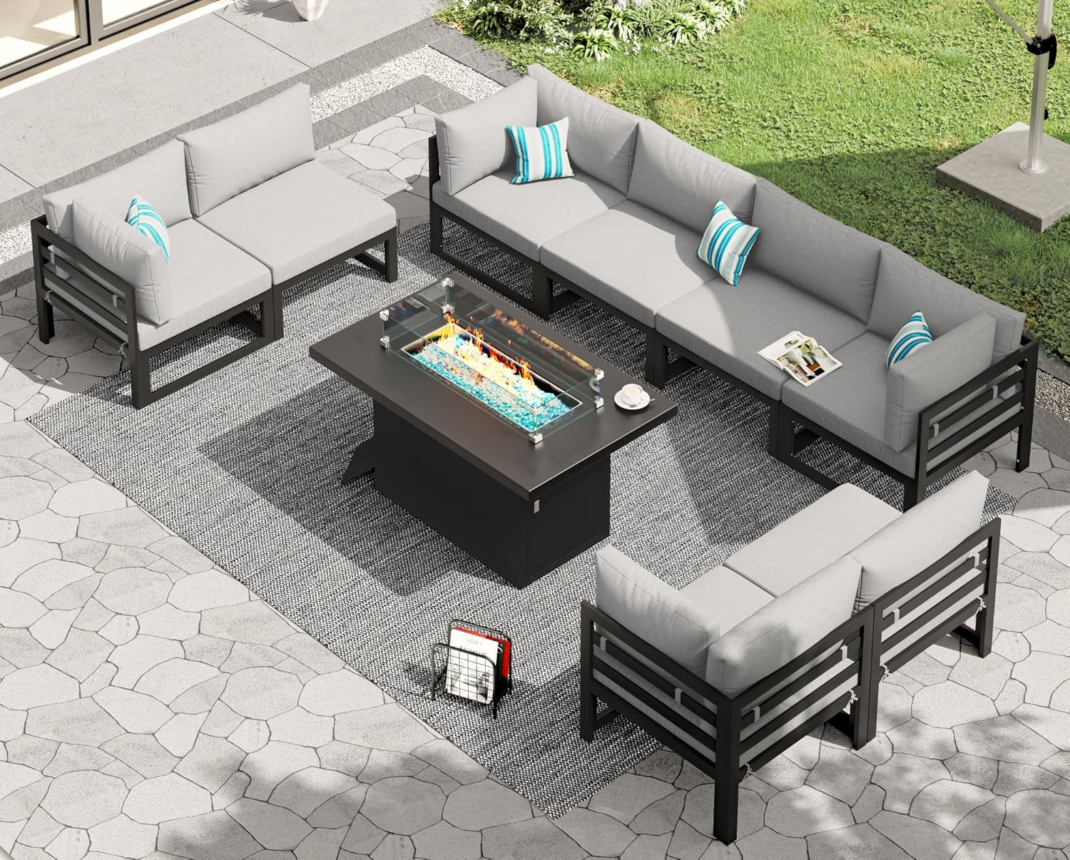 RADIATA 7 Piece Luxury Aluminum Outdoor Sectional Sofa with Fire Pit Table, Oversized L Shaped Patio Furniture Set, 29 inch Deep Wide Seating, 500 lbs Heavy Duty Comfy Conversation Set for Yard, White