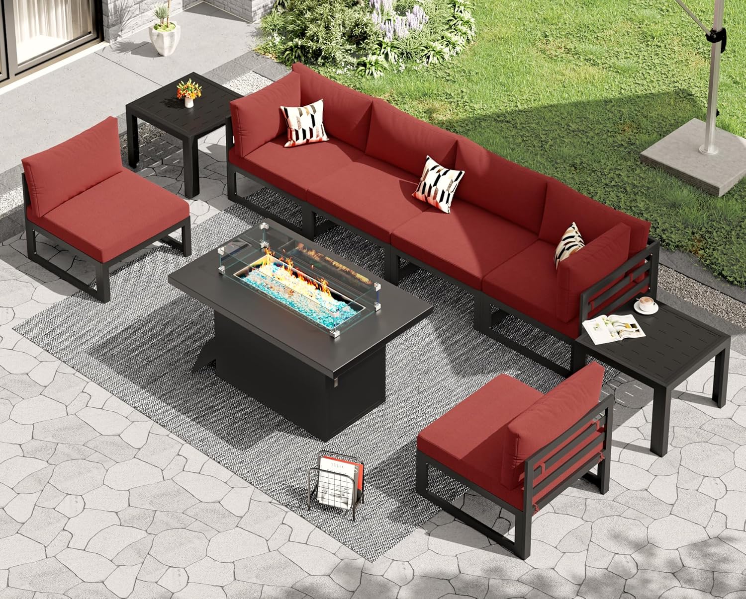 RADIATA 7 Piece Luxury Aluminum Outdoor Sectional Sofa with Fire Pit Table, Oversized L Shaped Patio Furniture Set, 29 inch Deep Wide Seating, 500 lbs Heavy Duty Comfy Conversation Set for Yard, White