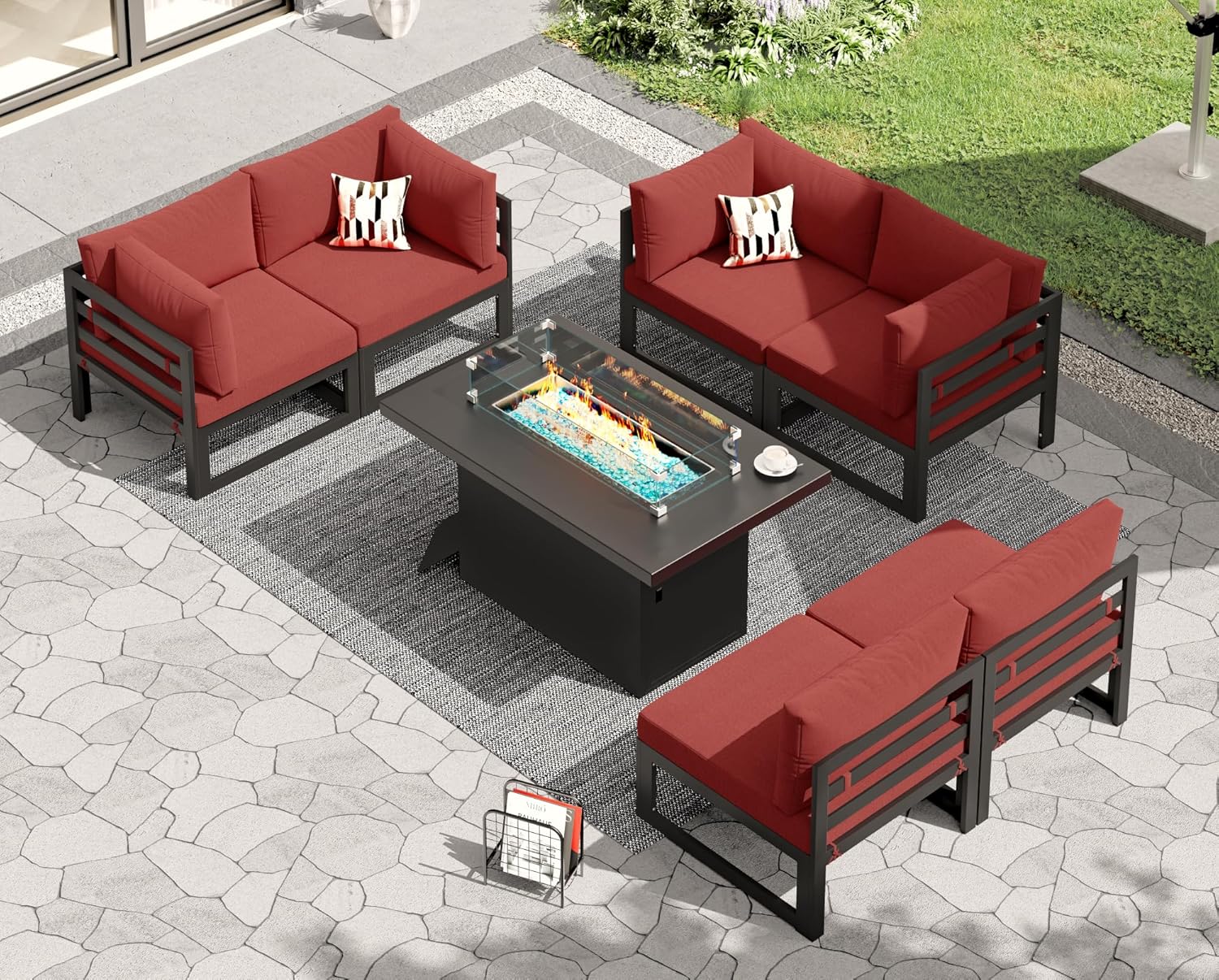 RADIATA 7 Piece Luxury Aluminum Outdoor Sectional Sofa with Fire Pit Table, Oversized L Shaped Patio Furniture Set, 29 inch Deep Wide Seating, 500 lbs Heavy Duty Comfy Conversation Set for Yard, White