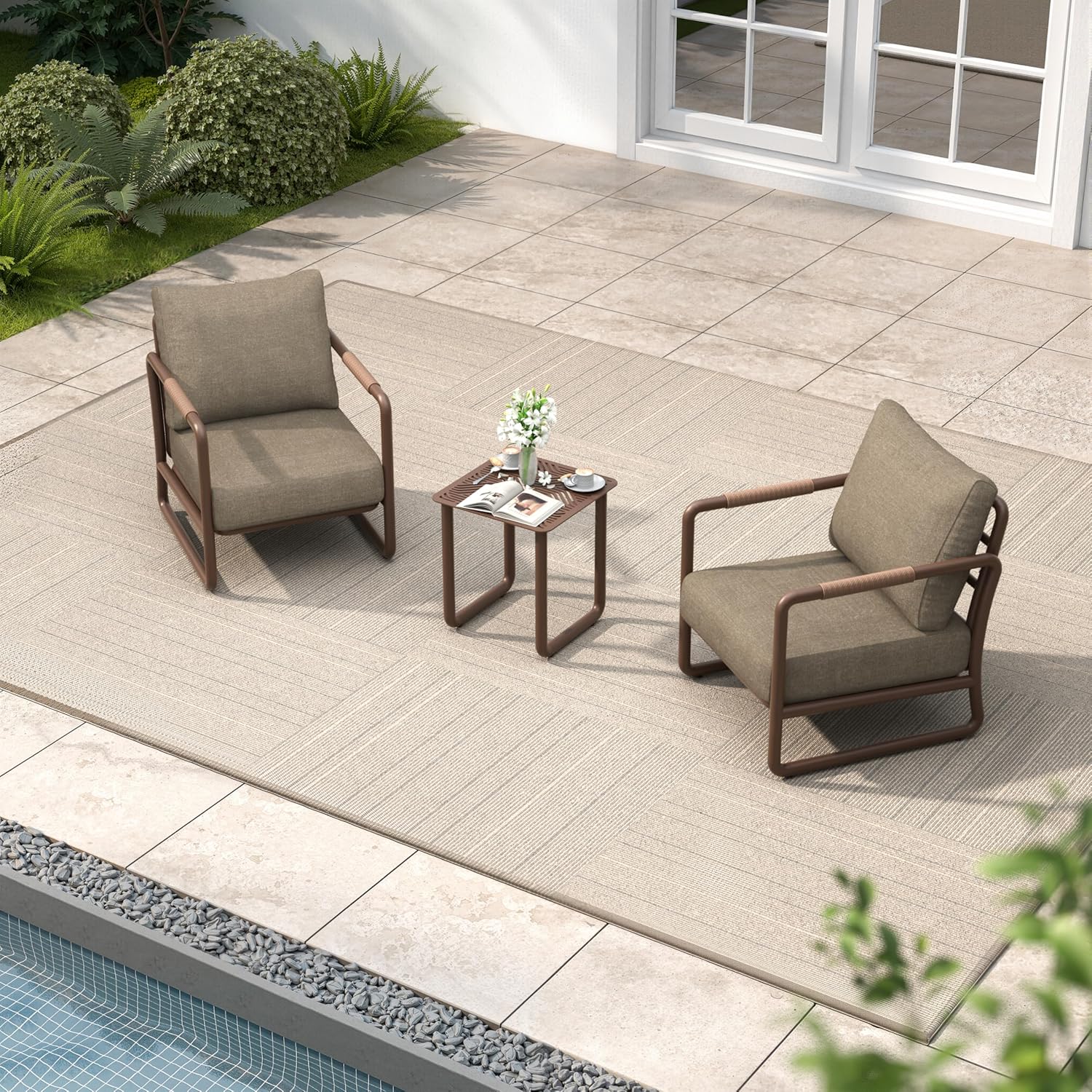 Aluminum Outdoor Patio Furniture Set, 6-Piece Conversation Sofa Set with Coffee Table, Thick Cushions & All-Weather Aluminum Frame, Modern Garden Seating for Backyard, Poolside, or Porch – Brown