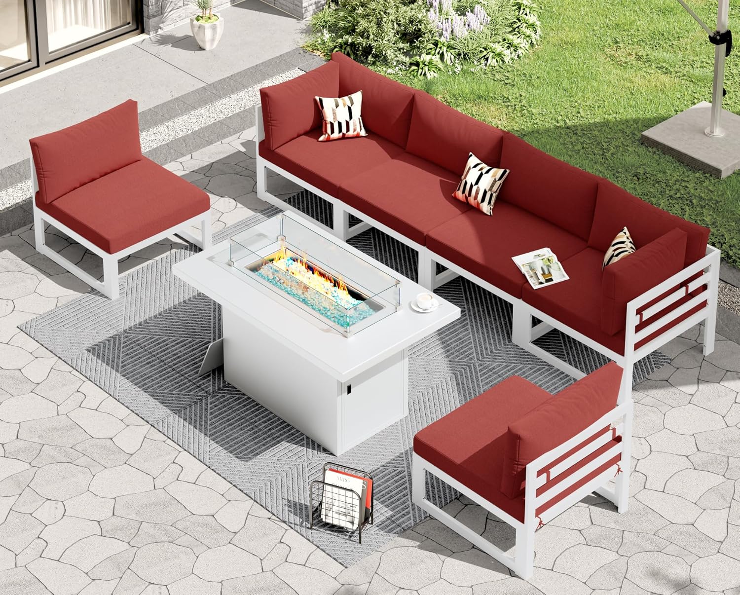 RADIATA 7 Piece Luxury Aluminum Outdoor Sectional Sofa with Fire Pit Table, Oversized L Shaped Patio Furniture Set, 29 inch Deep Wide Seating, 500 lbs Heavy Duty Comfy Conversation Set for Yard, White