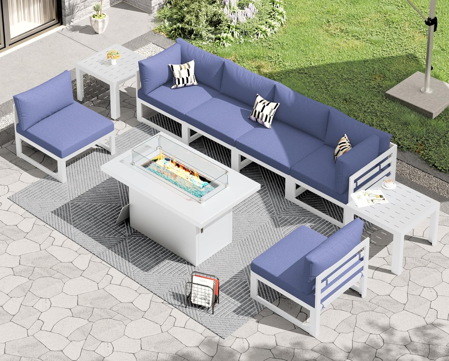 RADIATA 7 Piece Luxury Aluminum Outdoor Sectional Sofa with Fire Pit Table, Oversized L Shaped Patio Furniture Set, 29 inch Deep Wide Seating, 500 lbs Heavy Duty Comfy Conversation Set for Yard, White