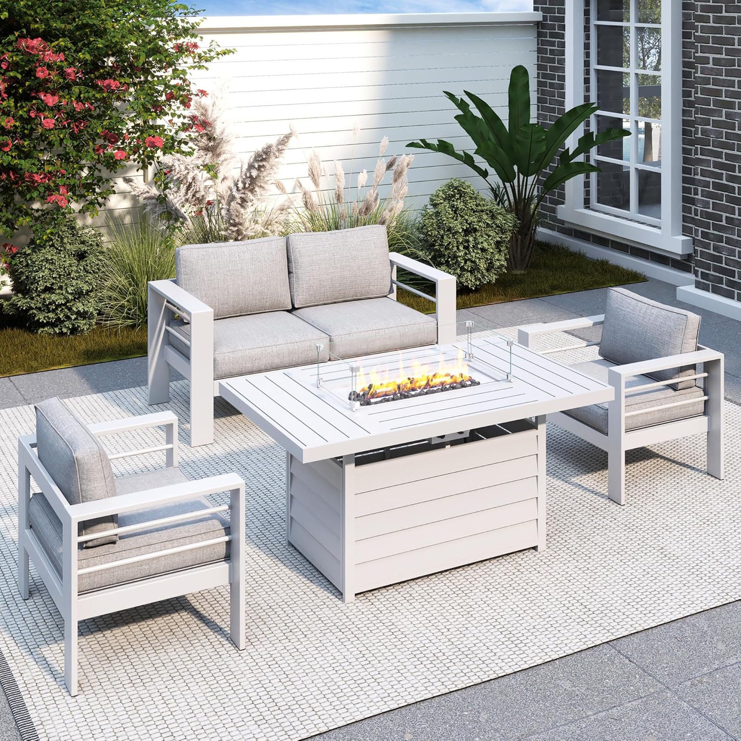 Solaste Aluminum Patio Furniture Set, 5 Seats Modern Outdoor Conversation Set Sectional Sofa with Upgrade Cushion and Coffee Table,Black Frame and Blue Cushion