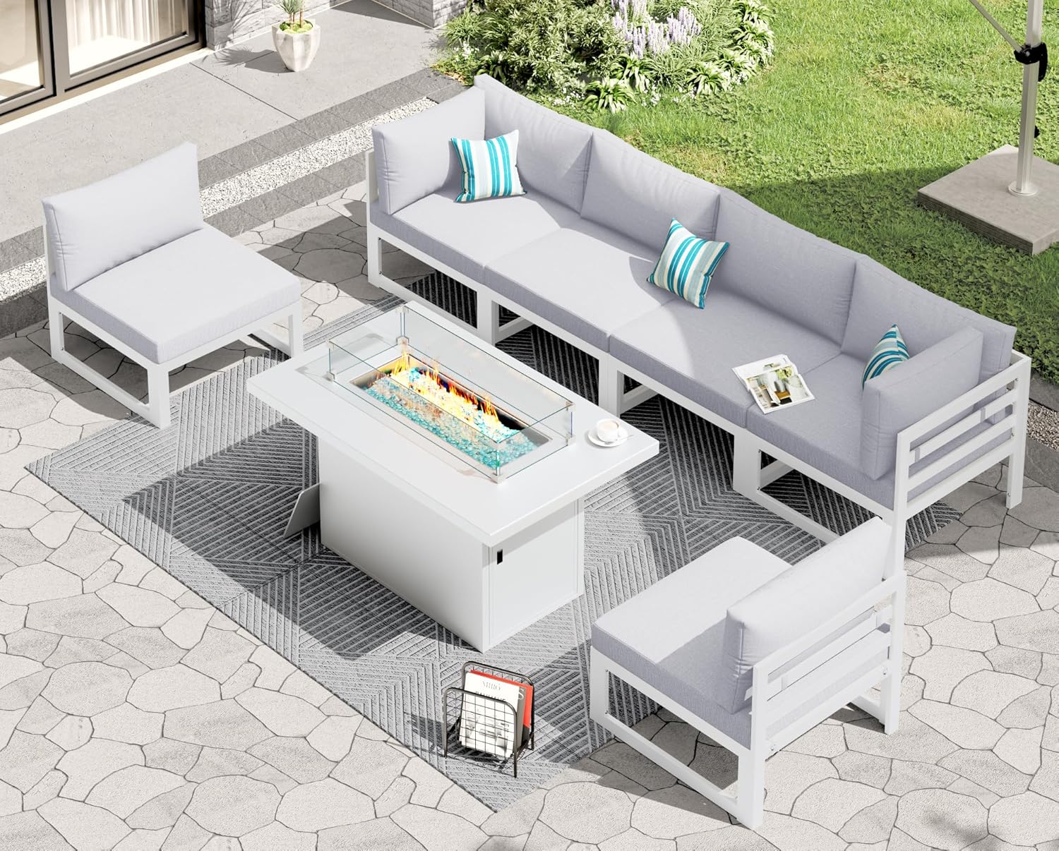 RADIATA 7 Piece Luxury Aluminum Outdoor Sectional Sofa with Fire Pit Table, Oversized L Shaped Patio Furniture Set, 29 inch Deep Wide Seating, 500 lbs Heavy Duty Comfy Conversation Set for Yard, White