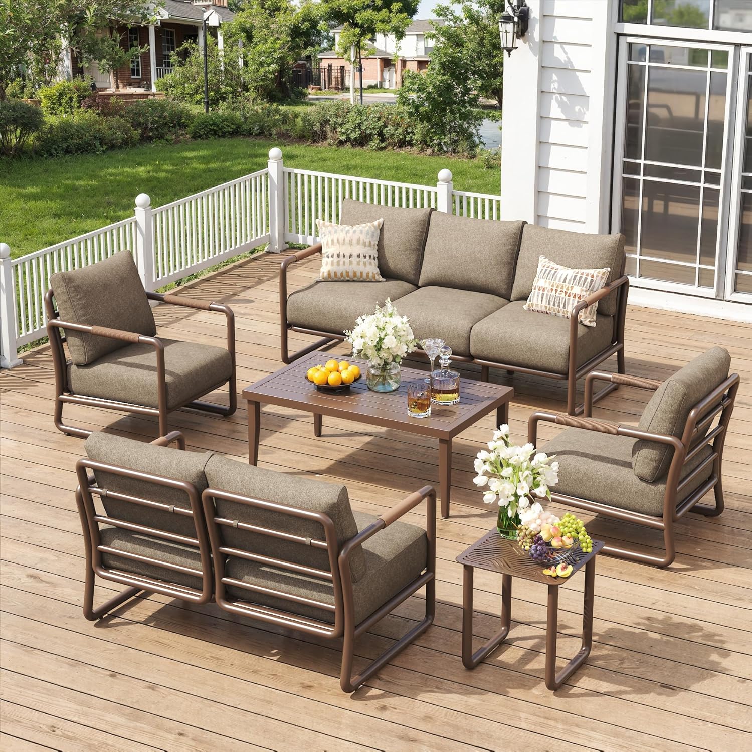 Aluminum Outdoor Patio Furniture Set, 6-Piece Conversation Sofa Set with Coffee Table, Thick Cushions & All-Weather Aluminum Frame, Modern Garden Seating for Backyard, Poolside, or Porch – Brown