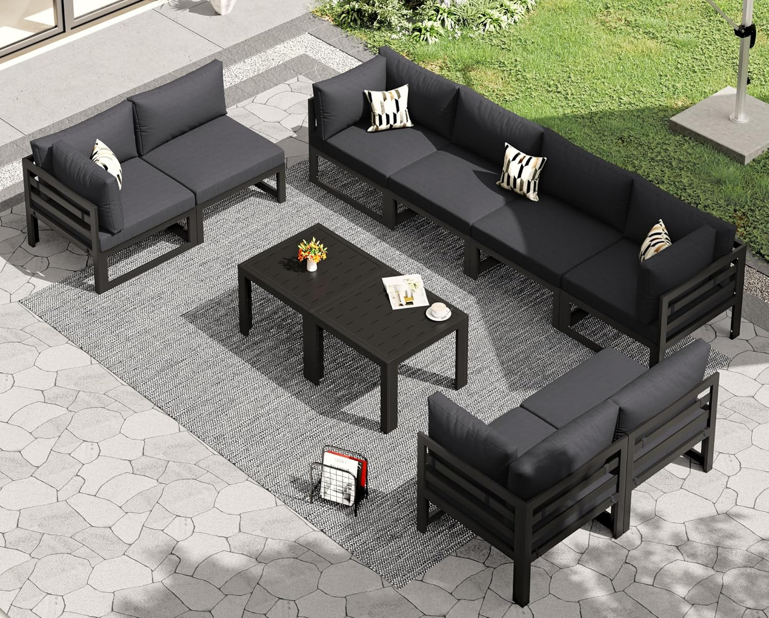 RADIATA 7 Piece Luxury Aluminum Outdoor Sectional Sofa with Fire Pit Table, Oversized L Shaped Patio Furniture Set, 29 inch Deep Wide Seating, 500 lbs Heavy Duty Comfy Conversation Set for Yard, White