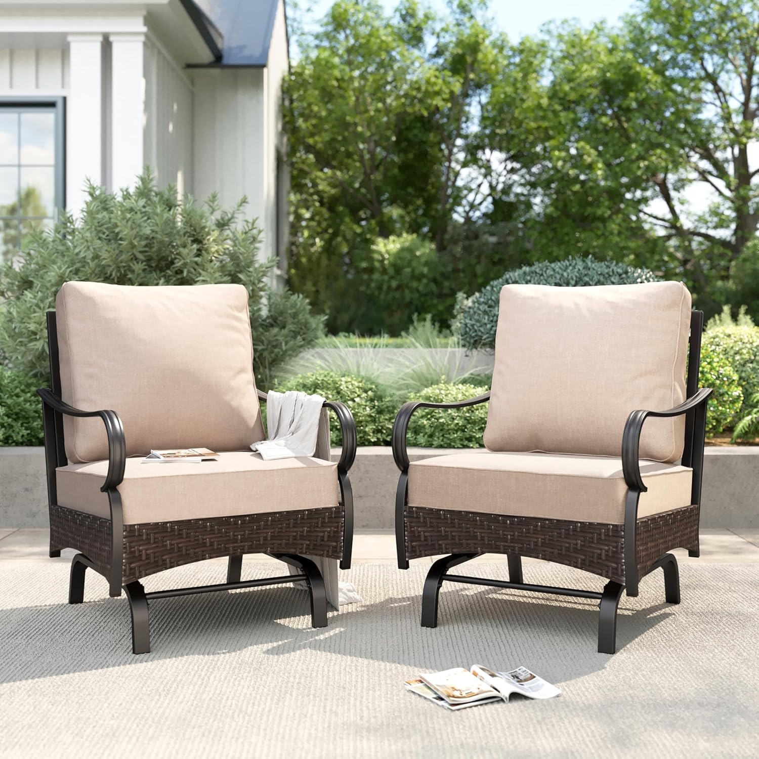 PHI VILLA Patio Rocking Chairs Set of 2, Outdoor Wicker Chairs with Thick Cushion, All Weather High Back Outdoor Furniture for Balcony Porch and Yard