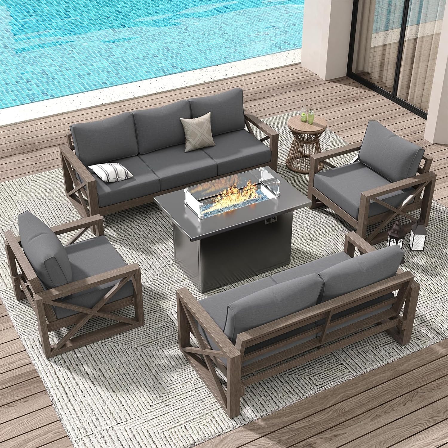 Amopatio Aluminum Patio Furniture Set with Fire Pit, 8 Pcs Metal Patio Sofa Couch Sets with Aluminum Fire Pit Table, Modern Outdoor Furniture with 6" Cushion, Dark Grey (Included Waterproof Covers)