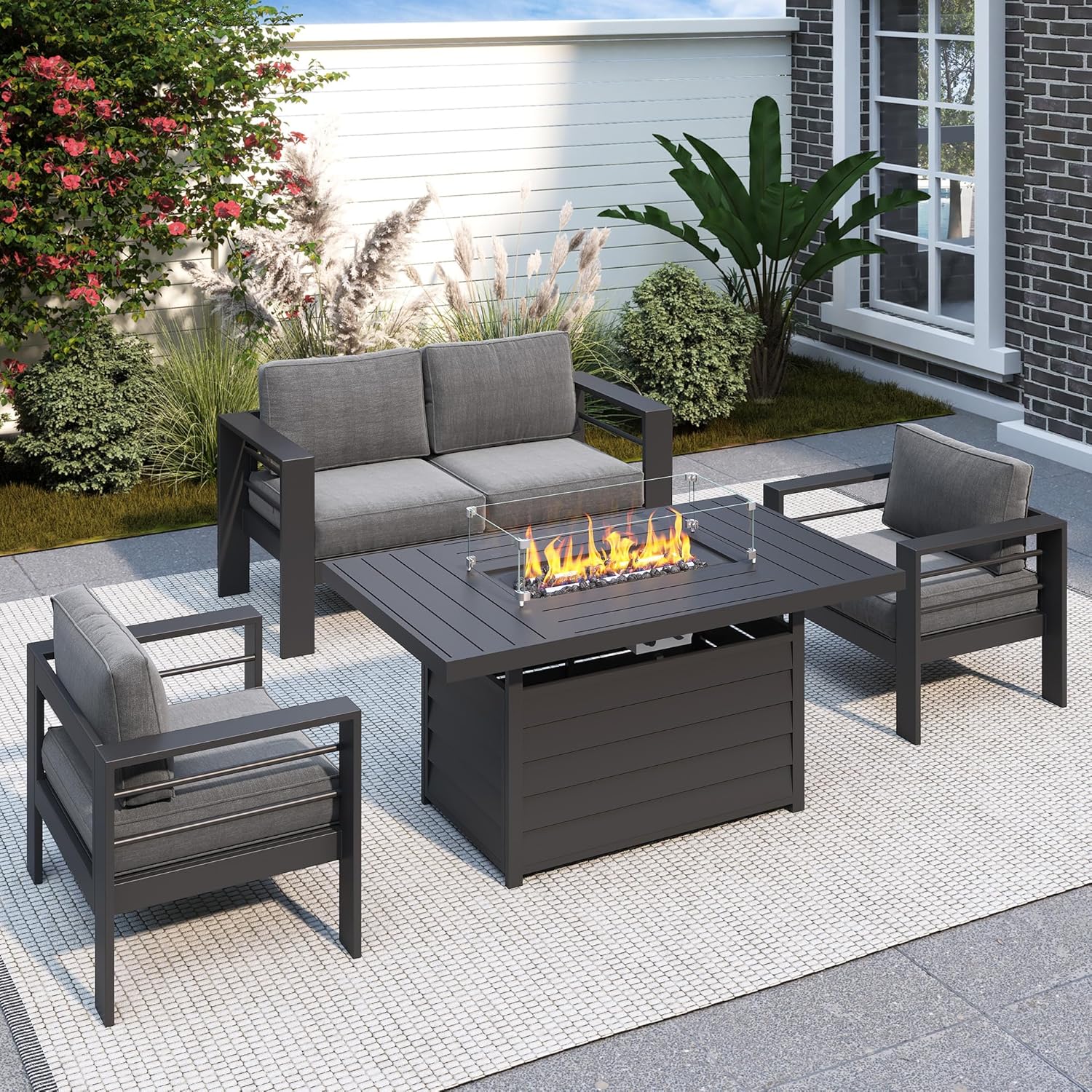 Solaste Aluminum Patio Furniture Set, 5 Seats Modern Outdoor Conversation Set Sectional Sofa with Upgrade Cushion and Coffee Table,Black Frame and Blue Cushion