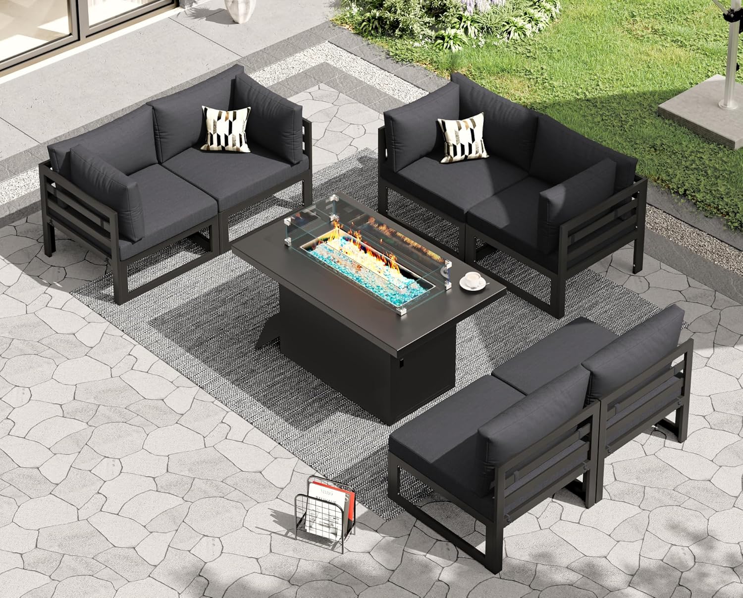 RADIATA 7 Piece Luxury Aluminum Outdoor Sectional Sofa with Fire Pit Table, Oversized L Shaped Patio Furniture Set, 29 inch Deep Wide Seating, 500 lbs Heavy Duty Comfy Conversation Set for Yard, White