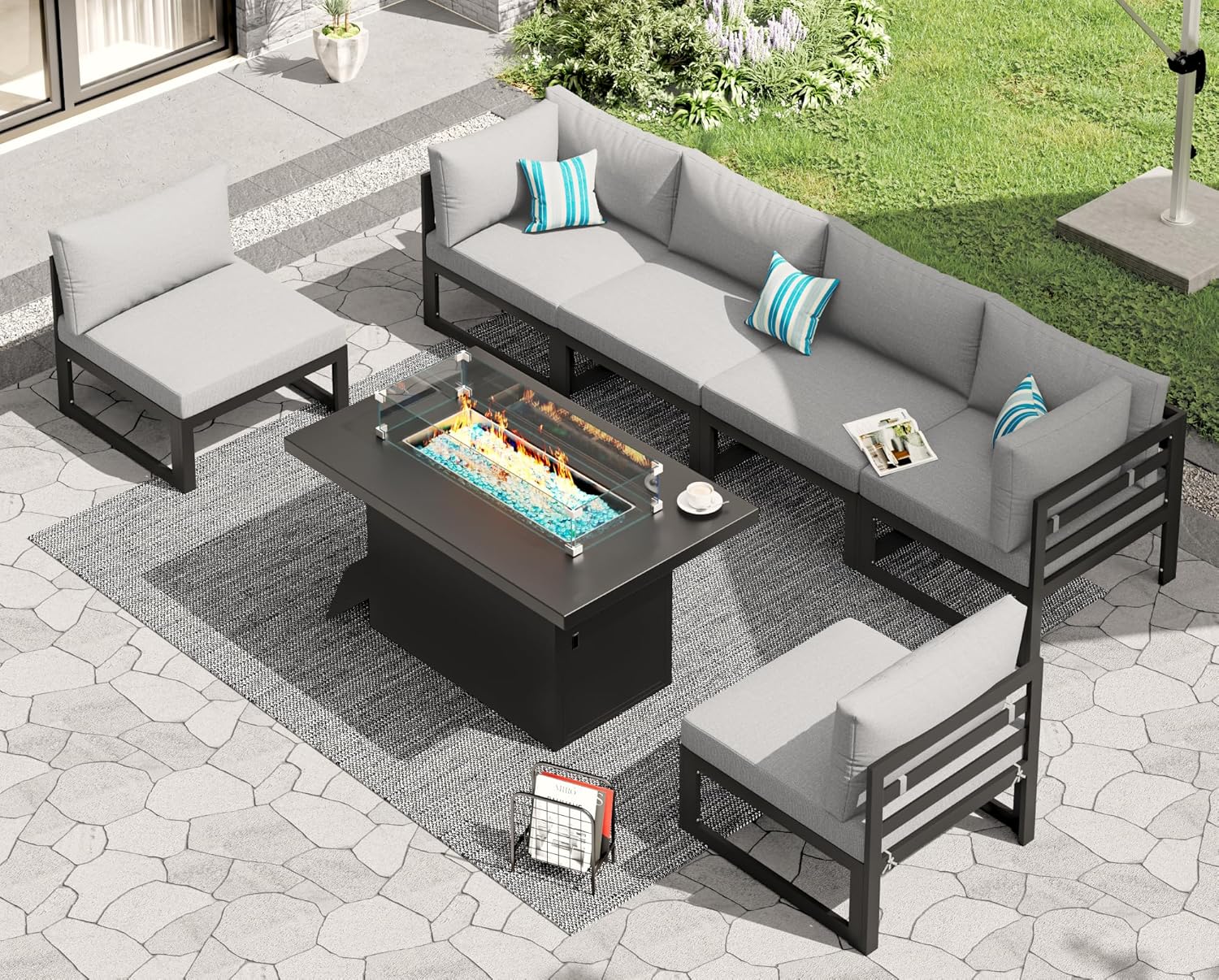 RADIATA 7 Piece Luxury Aluminum Outdoor Sectional Sofa with Fire Pit Table, Oversized L Shaped Patio Furniture Set, 29 inch Deep Wide Seating, 500 lbs Heavy Duty Comfy Conversation Set for Yard, White