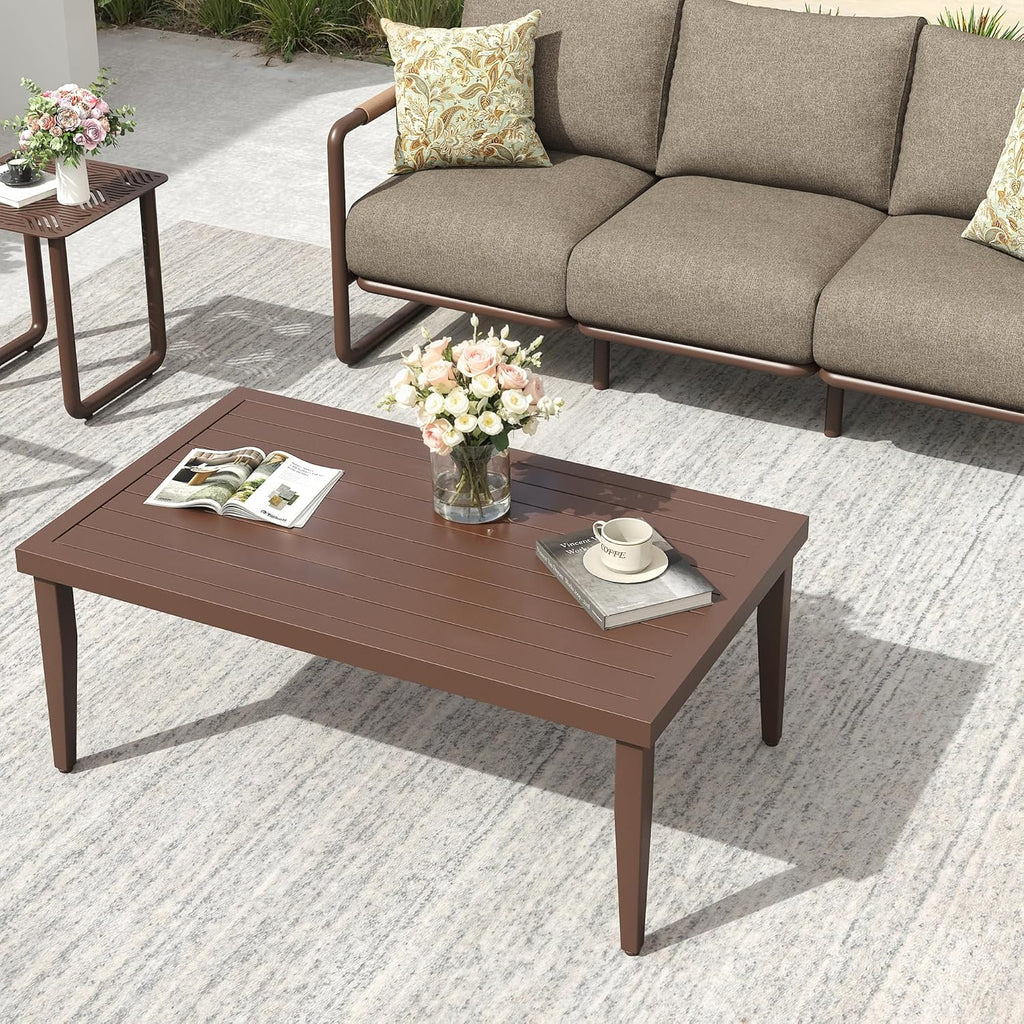 Aluminum Outdoor Patio Furniture Set, 6-Piece Conversation Sofa Set with Coffee Table, Thick Cushions & All-Weather Aluminum Frame, Modern Garden Seating for Backyard, Poolside, or Porch – Brown