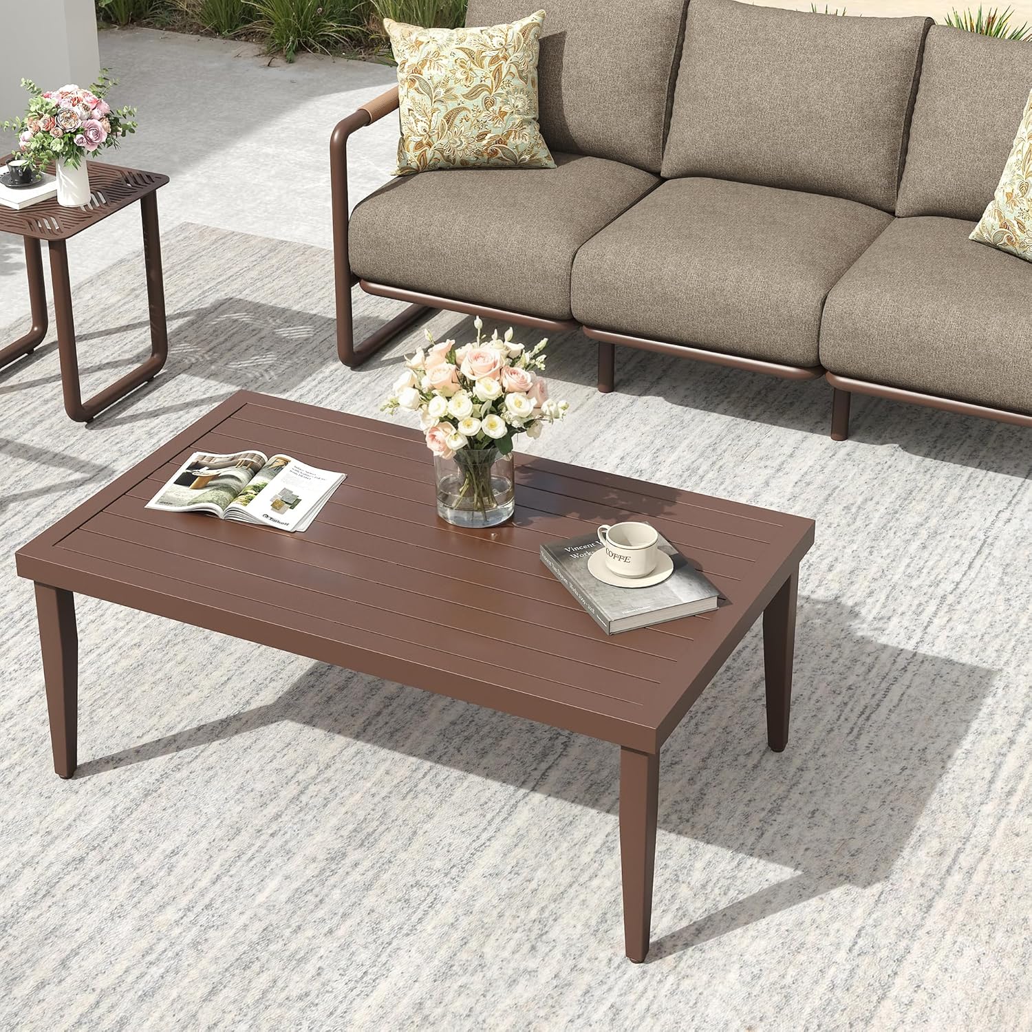 Aluminum Outdoor Patio Furniture Set, 6-Piece Conversation Sofa Set with Coffee Table, Thick Cushions & All-Weather Aluminum Frame, Modern Garden Seating for Backyard, Poolside, or Porch – Brown