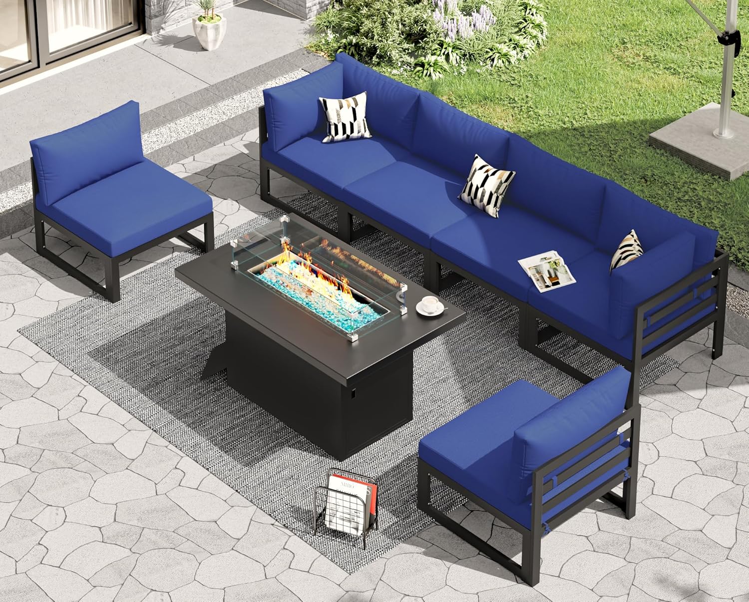 RADIATA 7 Piece Luxury Aluminum Outdoor Sectional Sofa with Fire Pit Table, Oversized L Shaped Patio Furniture Set, 29 inch Deep Wide Seating, 500 lbs Heavy Duty Comfy Conversation Set for Yard, White