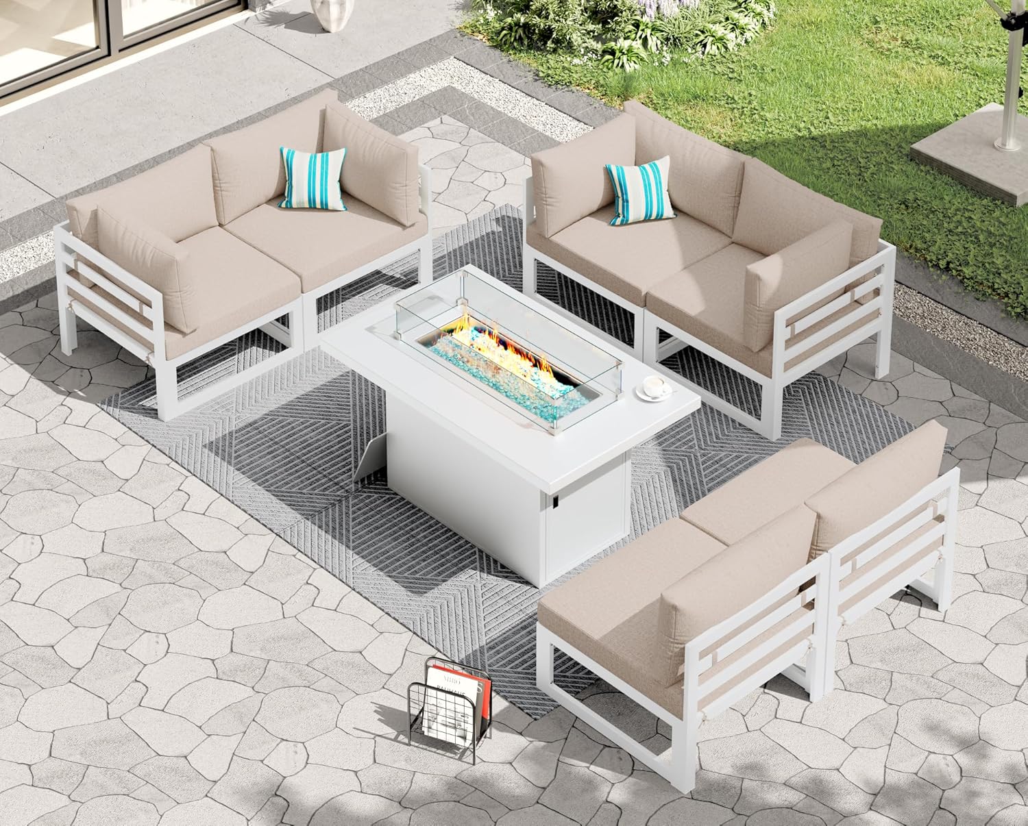 RADIATA 7 Piece Luxury Aluminum Outdoor Sectional Sofa with Fire Pit Table, Oversized L Shaped Patio Furniture Set, 29 inch Deep Wide Seating, 500 lbs Heavy Duty Comfy Conversation Set for Yard, White