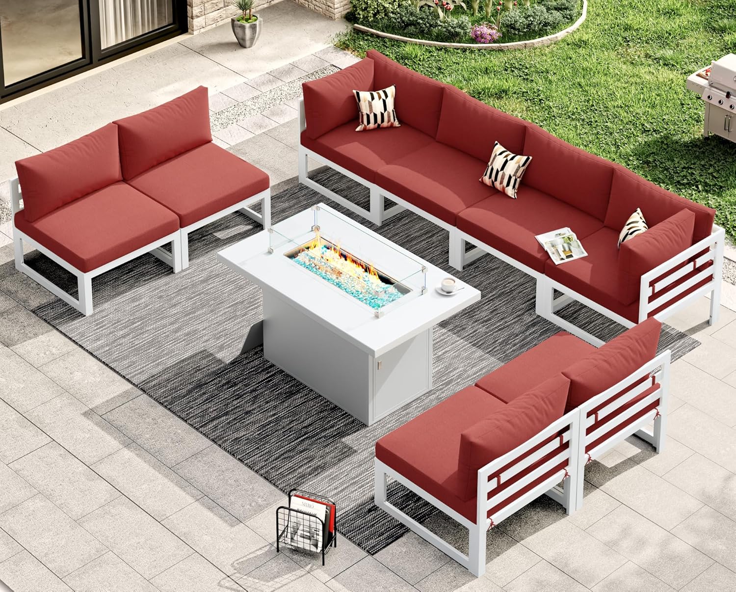 RADIATA 7 Piece Luxury Aluminum Outdoor Sectional Sofa with Fire Pit Table, Oversized L Shaped Patio Furniture Set, 29 inch Deep Wide Seating, 500 lbs Heavy Duty Comfy Conversation Set for Yard, White