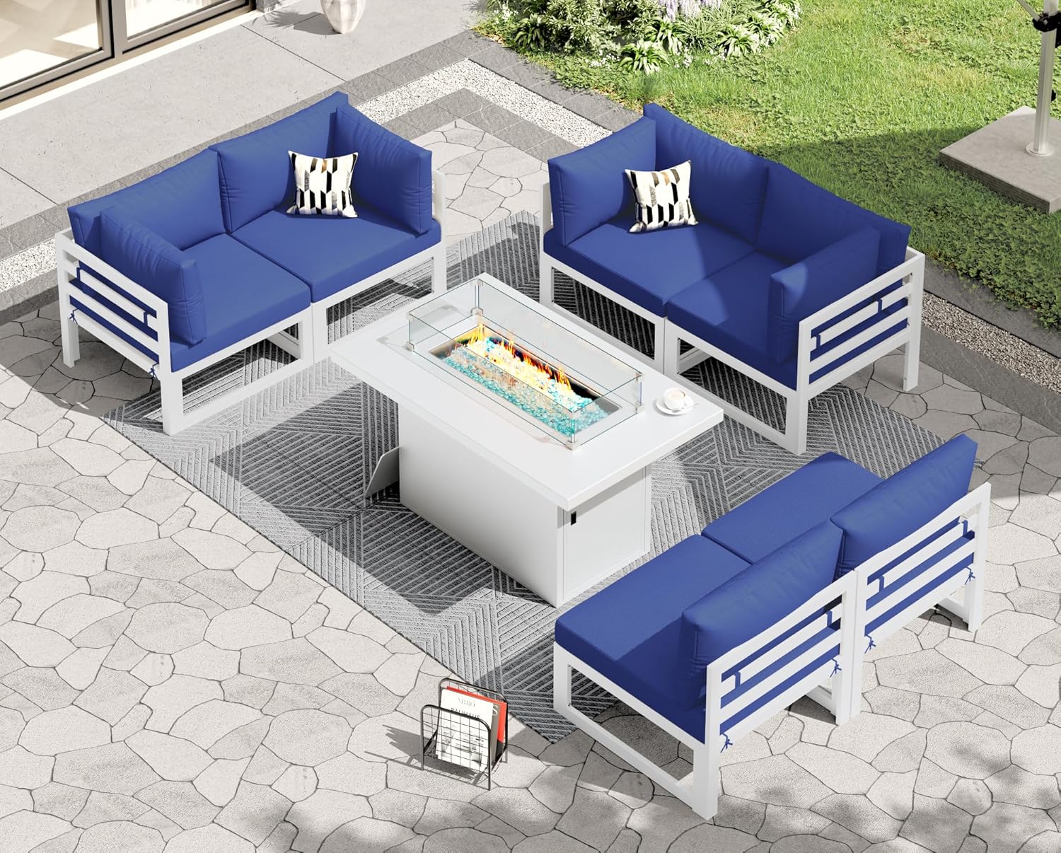 RADIATA 7 Piece Luxury Aluminum Outdoor Sectional Sofa with Fire Pit Table, Oversized L Shaped Patio Furniture Set, 29 inch Deep Wide Seating, 500 lbs Heavy Duty Comfy Conversation Set for Yard, White