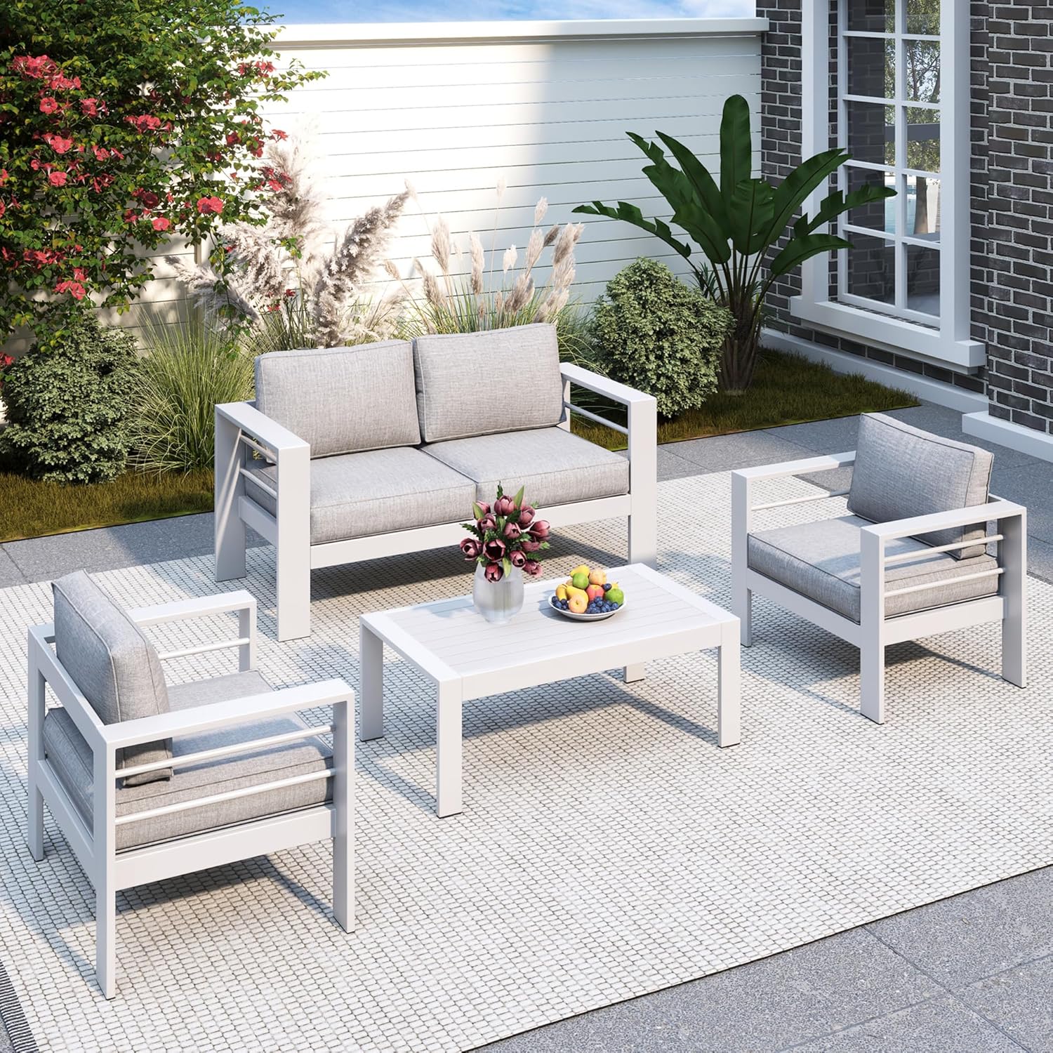 Solaste Aluminum Patio Furniture Set, 5 Seats Modern Outdoor Conversation Set Sectional Sofa with Upgrade Cushion and Coffee Table,Black Frame and Grey Cushion