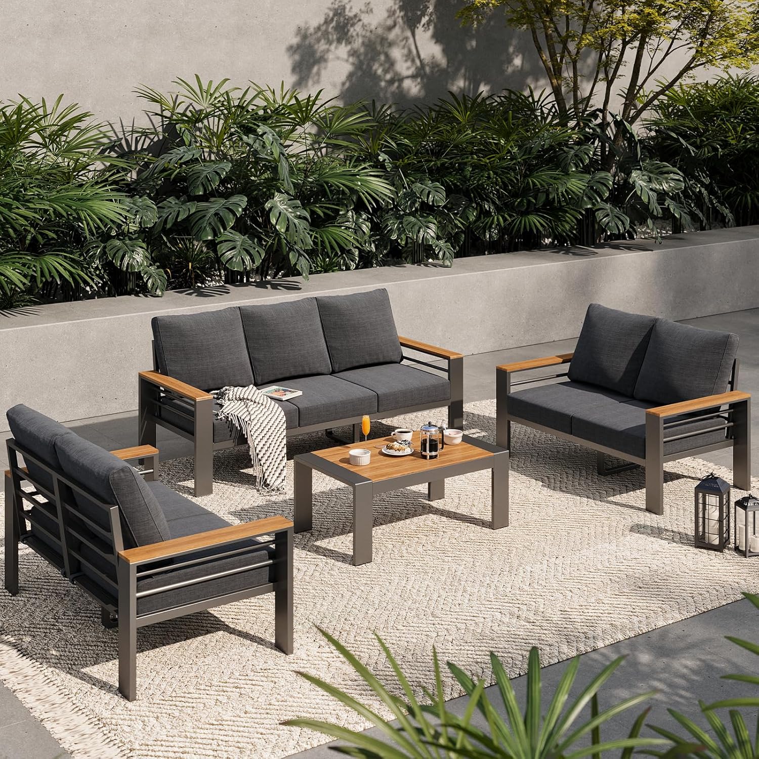 Aoxun Aluminum Outdoor Patio Furniture Set, 5 Seats Outdoor Sectional with Coffee Table, Patio Conversation Sets with Upgraded Armrests and Cushions for Backyard, Garden and Poolside