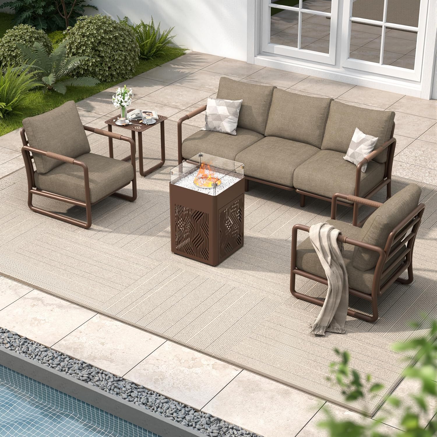 Aluminum Outdoor Patio Furniture Set, 6-Piece Conversation Sofa Set with Coffee Table, Thick Cushions & All-Weather Aluminum Frame, Modern Garden Seating for Backyard, Poolside, or Porch – Brown