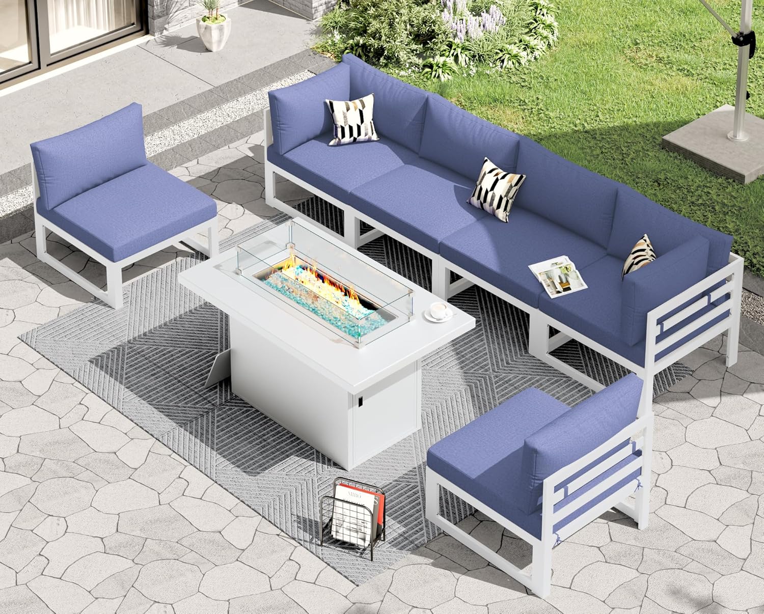 RADIATA 7 Piece Luxury Aluminum Outdoor Sectional Sofa with Fire Pit Table, Oversized L Shaped Patio Furniture Set, 29 inch Deep Wide Seating, 500 lbs Heavy Duty Comfy Conversation Set for Yard, White