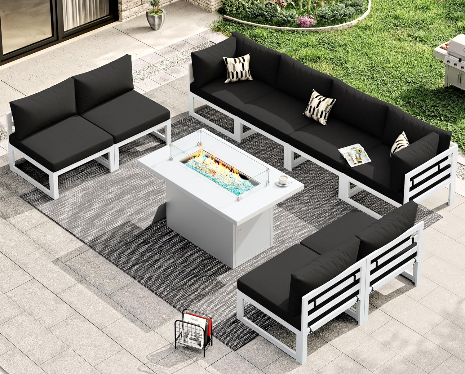RADIATA 7 Piece Luxury Aluminum Outdoor Sectional Sofa with Fire Pit Table, Oversized L Shaped Patio Furniture Set, 29 inch Deep Wide Seating, 500 lbs Heavy Duty Comfy Conversation Set for Yard, White