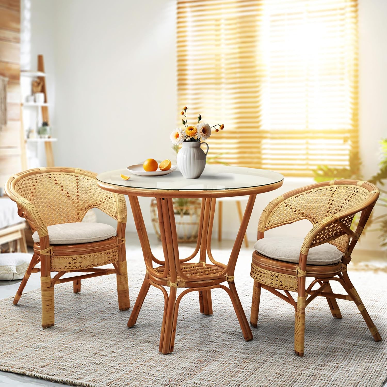 Pelangi Rattan Wicker Round Dining Table with Glass Top, Colonial