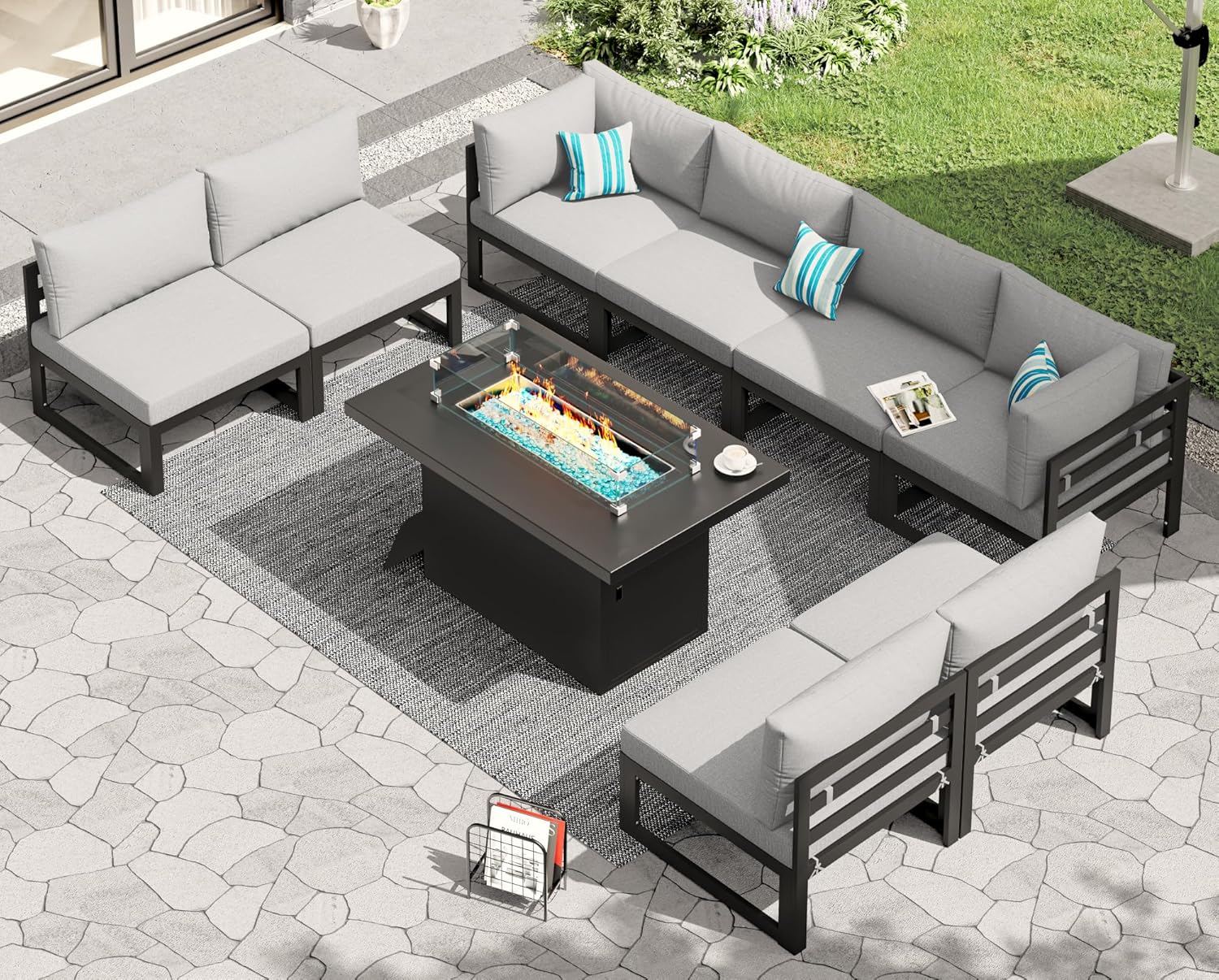 RADIATA 7 Piece Luxury Aluminum Outdoor Sectional Sofa with Fire Pit Table, Oversized L Shaped Patio Furniture Set, 29 inch Deep Wide Seating, 500 lbs Heavy Duty Comfy Conversation Set for Yard, White