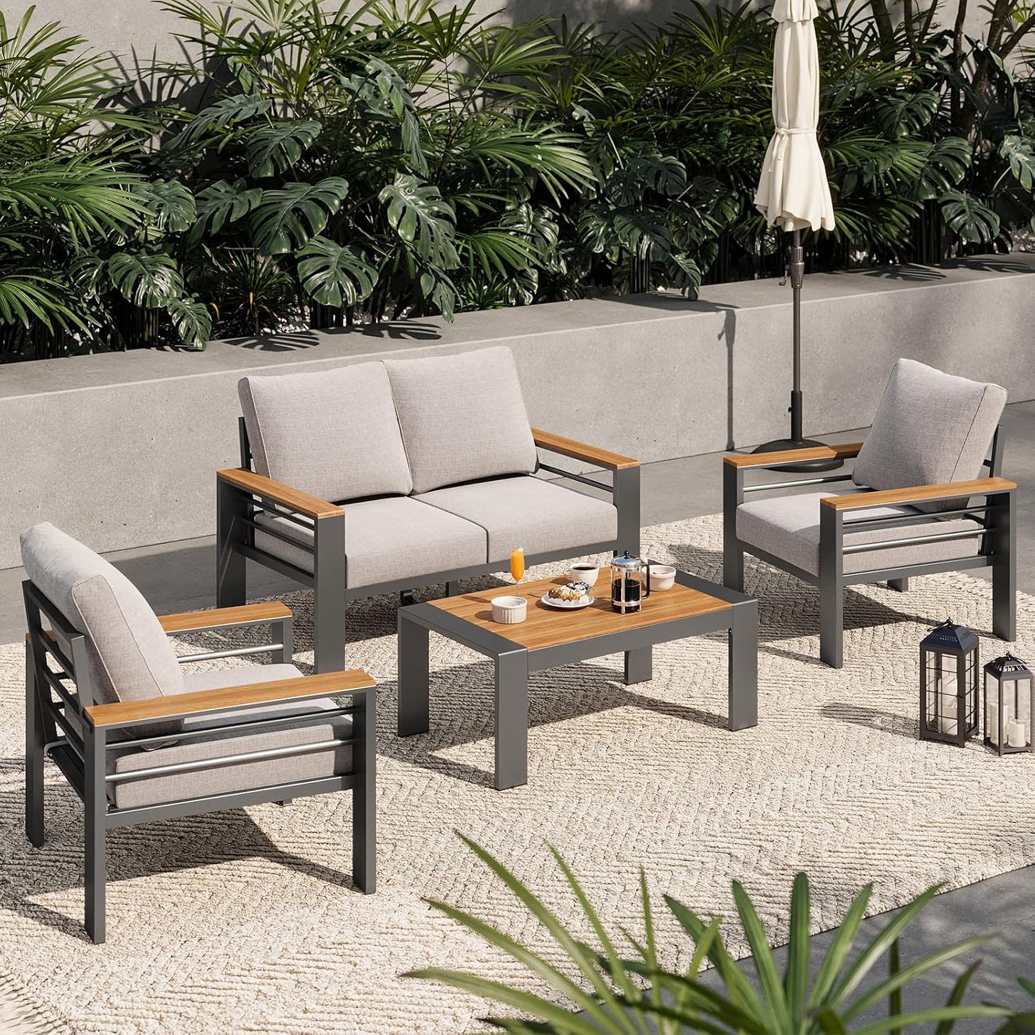 Aoxun Aluminum Outdoor Patio Furniture Set, 5 Seats Outdoor Sectional with Coffee Table, Patio Conversation Sets with Upgraded Armrests and Cushions for Backyard, Garden and Poolside