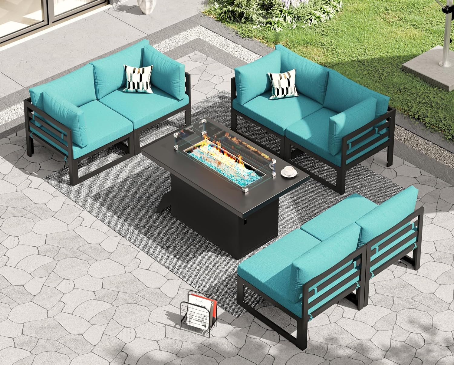 RADIATA 7 Piece Luxury Aluminum Outdoor Sectional Sofa with Fire Pit Table, Oversized L Shaped Patio Furniture Set, 29 inch Deep Wide Seating, 500 lbs Heavy Duty Comfy Conversation Set for Yard, White