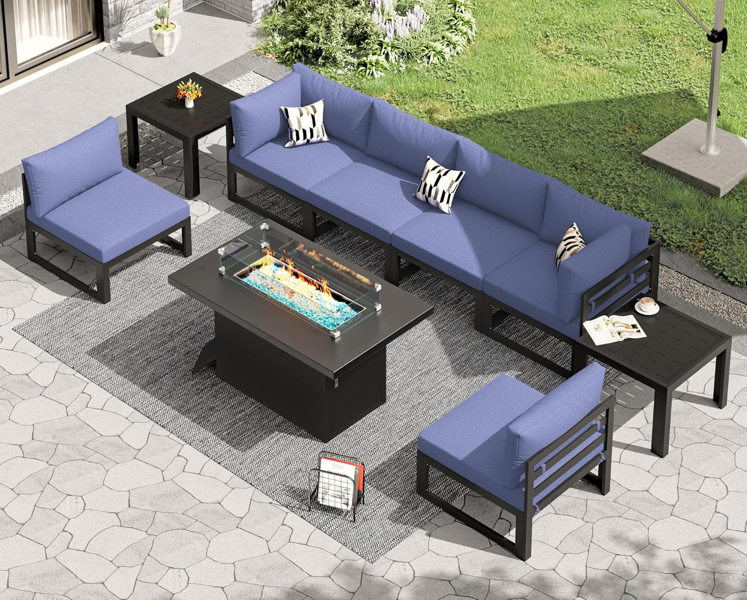 RADIATA 7 Piece Luxury Aluminum Outdoor Sectional Sofa with Fire Pit Table, Oversized L Shaped Patio Furniture Set, 29 inch Deep Wide Seating, 500 lbs Heavy Duty Comfy Conversation Set for Yard, White