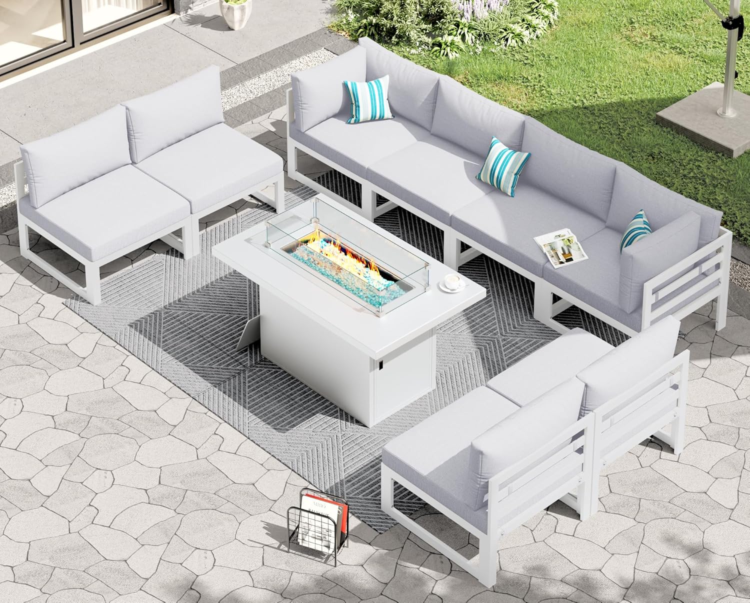RADIATA 7 Piece Luxury Aluminum Outdoor Sectional Sofa with Fire Pit Table, Oversized L Shaped Patio Furniture Set, 29 inch Deep Wide Seating, 500 lbs Heavy Duty Comfy Conversation Set for Yard, White