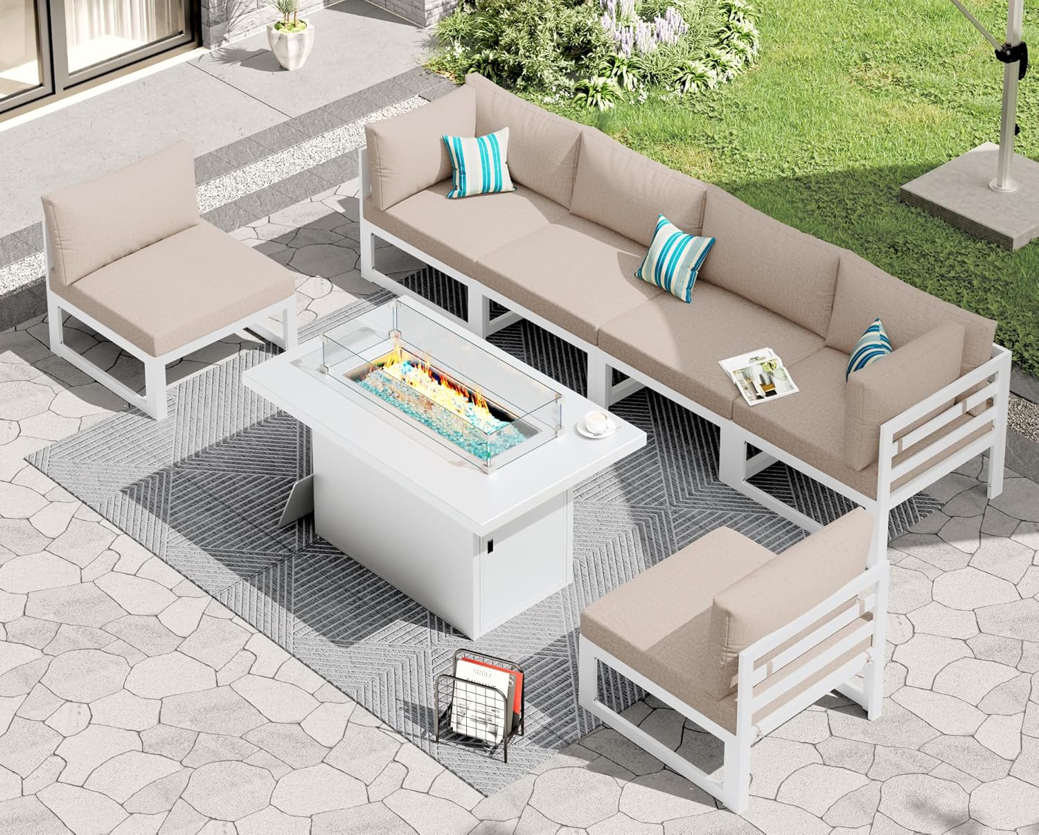 RADIATA 7 Piece Luxury Aluminum Outdoor Sectional Sofa with Fire Pit Table, Oversized L Shaped Patio Furniture Set, 29 inch Deep Wide Seating, 500 lbs Heavy Duty Comfy Conversation Set for Yard, White