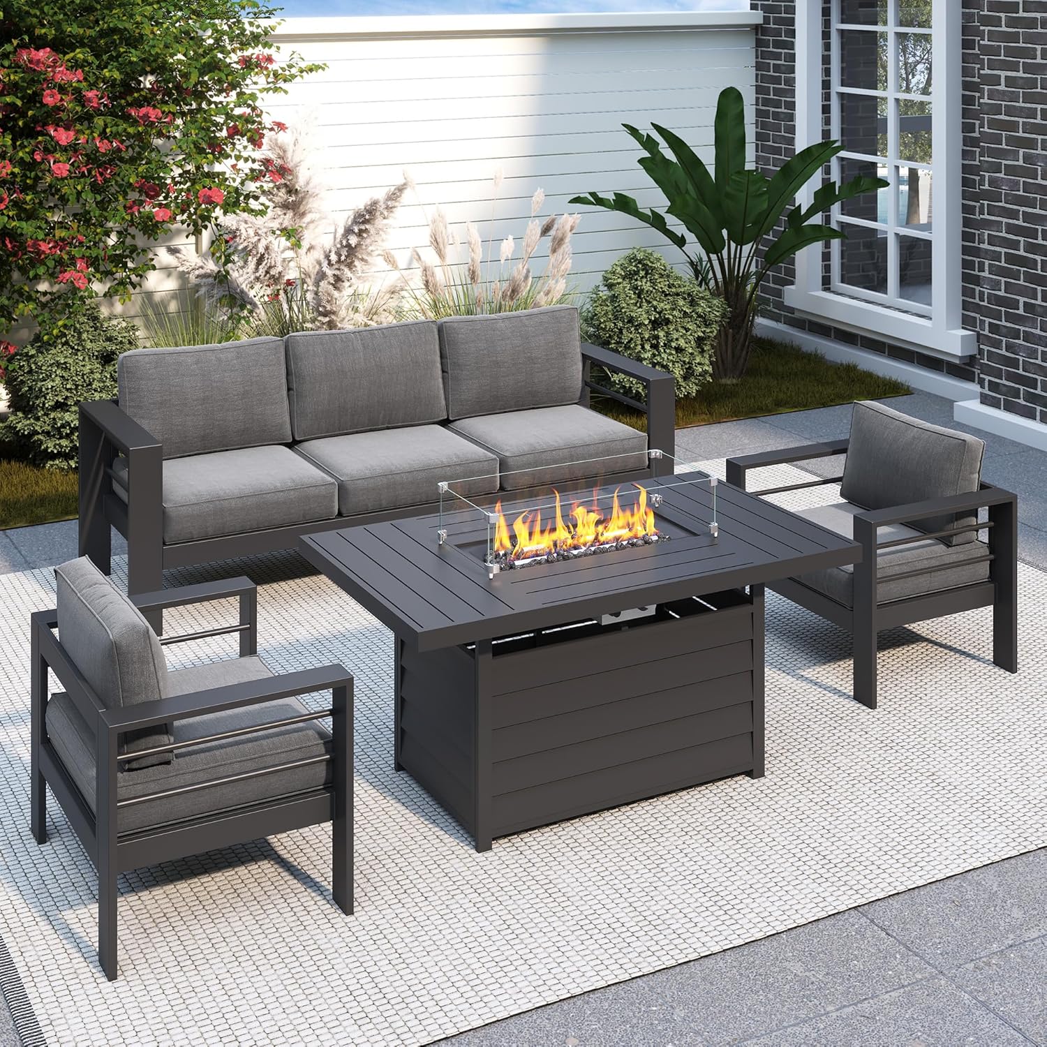 Solaste Aluminum Patio Furniture Set, 5 Seats Modern Outdoor Conversation Set Sectional Sofa with Upgrade Cushion and Coffee Table,Black Frame and Grey Cushion