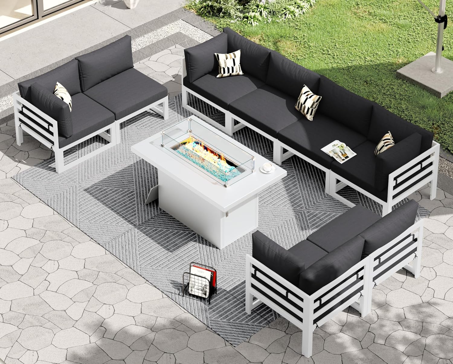 RADIATA 7 Piece Luxury Aluminum Outdoor Sectional Sofa with Fire Pit Table, Oversized L Shaped Patio Furniture Set, 29 inch Deep Wide Seating, 500 lbs Heavy Duty Comfy Conversation Set for Yard, White