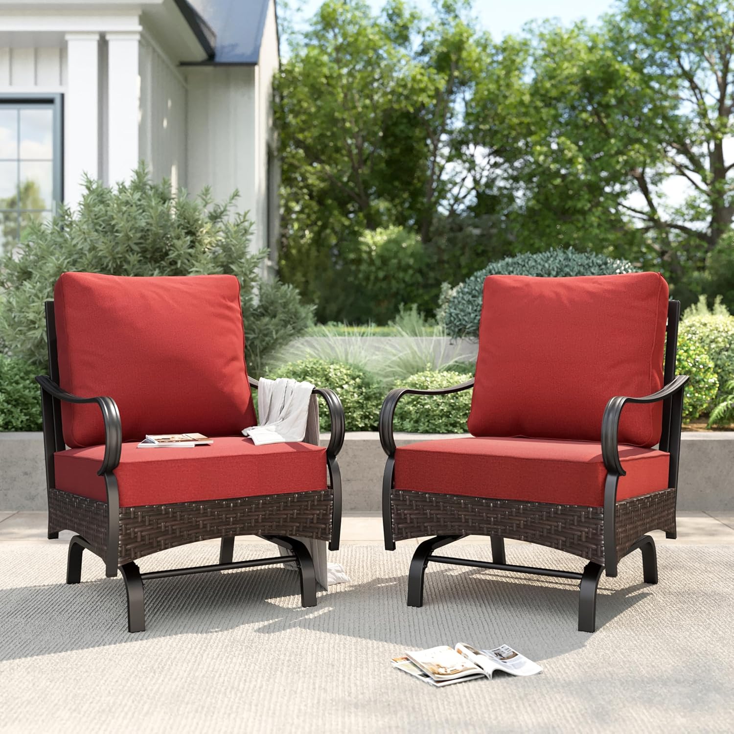 PHI VILLA Patio Rocking Chairs Set of 2, Outdoor Wicker Chairs with Thick Cushion, All Weather High Back Outdoor Furniture for Balcony Porch and Yard